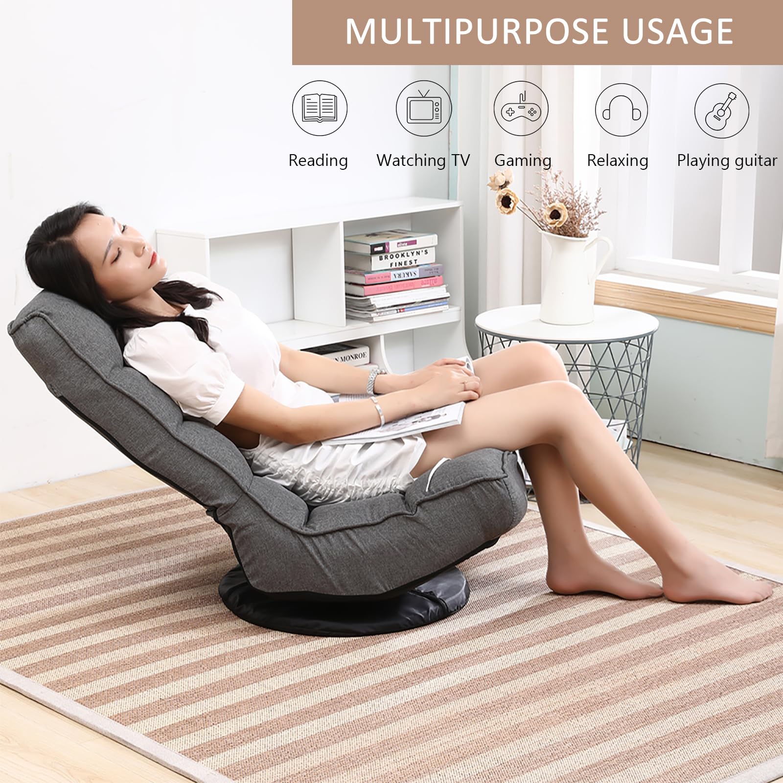 Chaise de Sol Jusqu'à 160KG, Fauteuil de Sol Réglable en 6 Positions, Chaise Paresseuse Pivotant à 360
