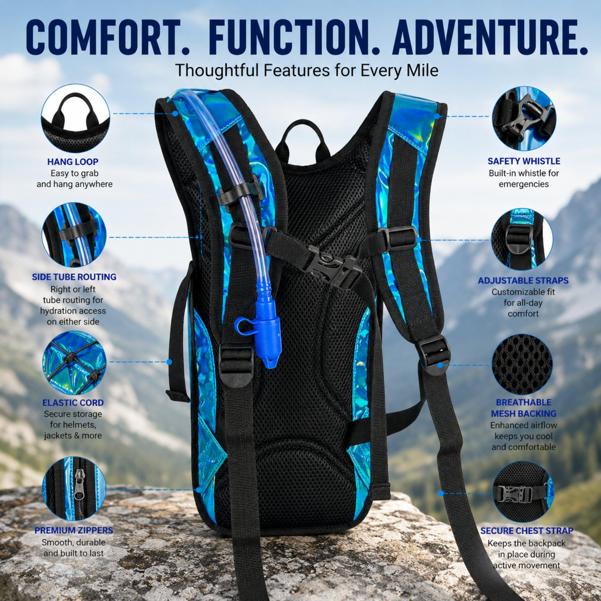 Zavothy Rave Sac à dos d'hydratation léger pour cyclisme, course à pied, sac d'hydratation, sac à dos de randonnée avec poche à eau de 2 L, bleu clair