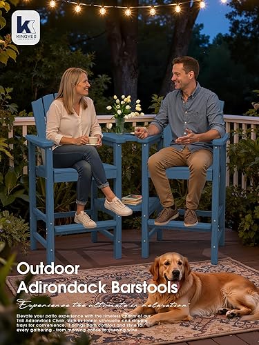 Miniatura 2 de KINGYES Juego de 4 sillas altas Adirondack de polietileno en relieve con bandeja de conexión, sillas altas de polietileno Adirondack con veta de