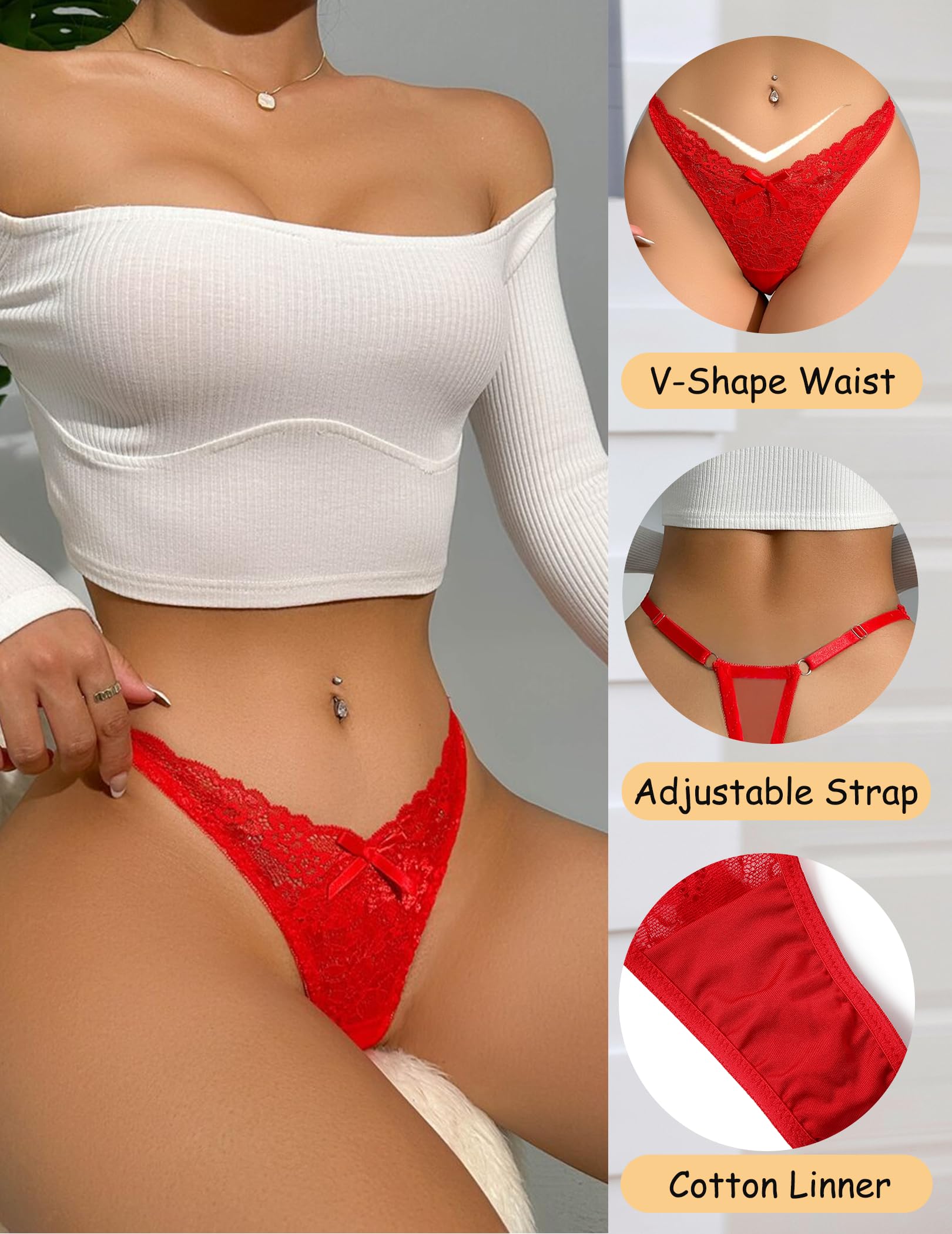 Avidlove String sexy en dentelle pour femme - String exotique - En forme de V - Tangas coquins avec nœud décoratif