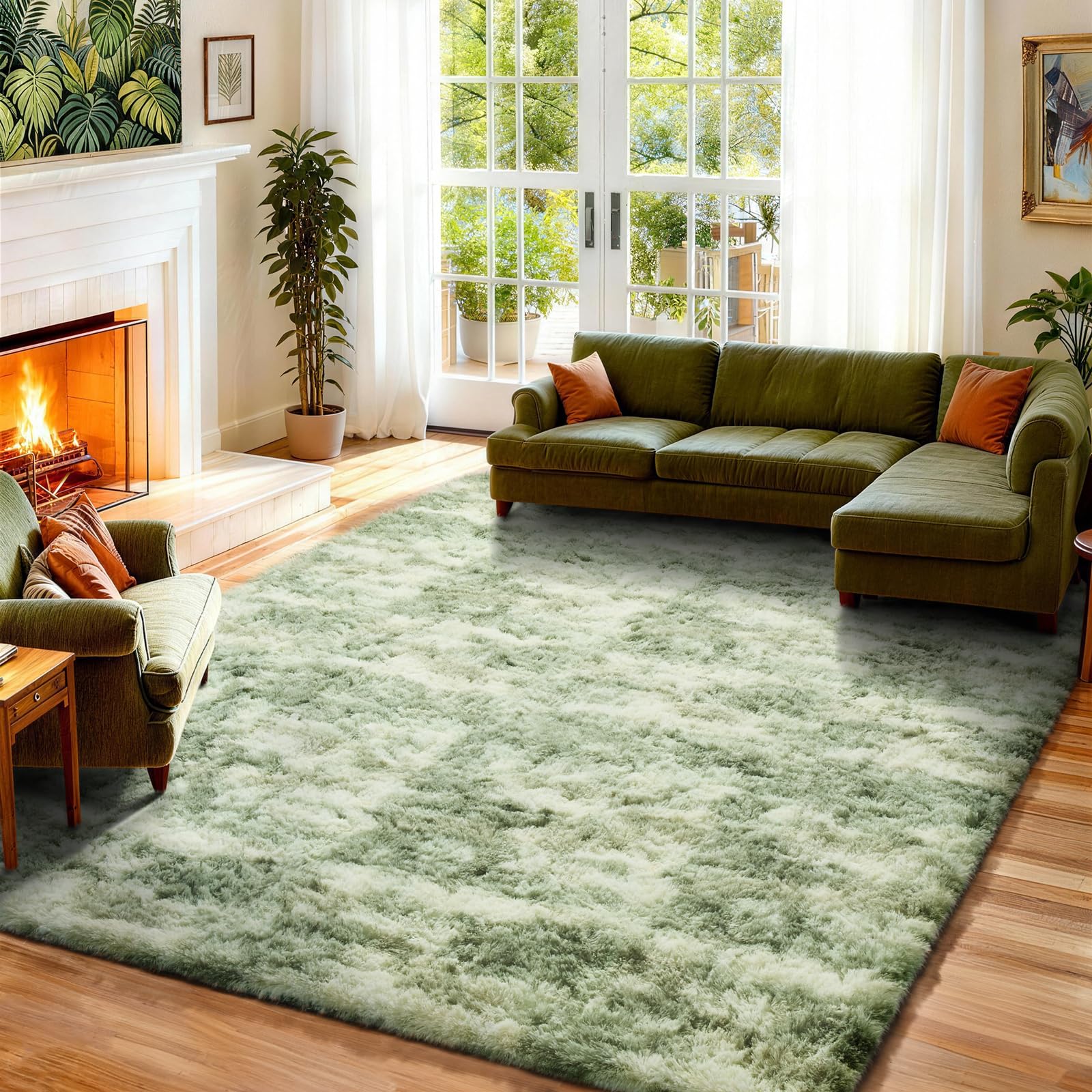 ophanie green and white area rugs for living room 8x10, fluffy shag large fuzzy plush soft carpets, floor shaggy rugs for bedroom, carpet for kids boys girls dorm nursery home decor aesthetic
