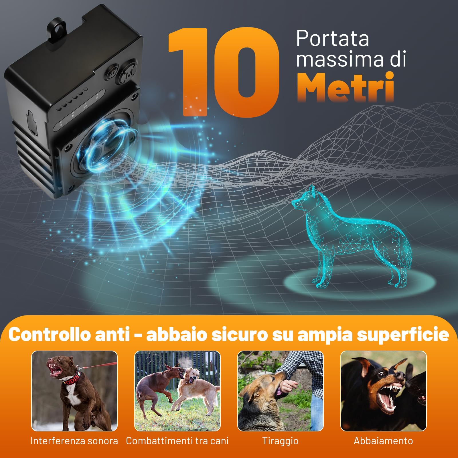 BeSokar Dispositivo Anti-Abbai A Ultrasuoni – Portata 10 Metri, 3 Frequenze, IP45 Impermeabile, Per Cani Di Taglia Media E Grande, Per Interni Ed Esterni