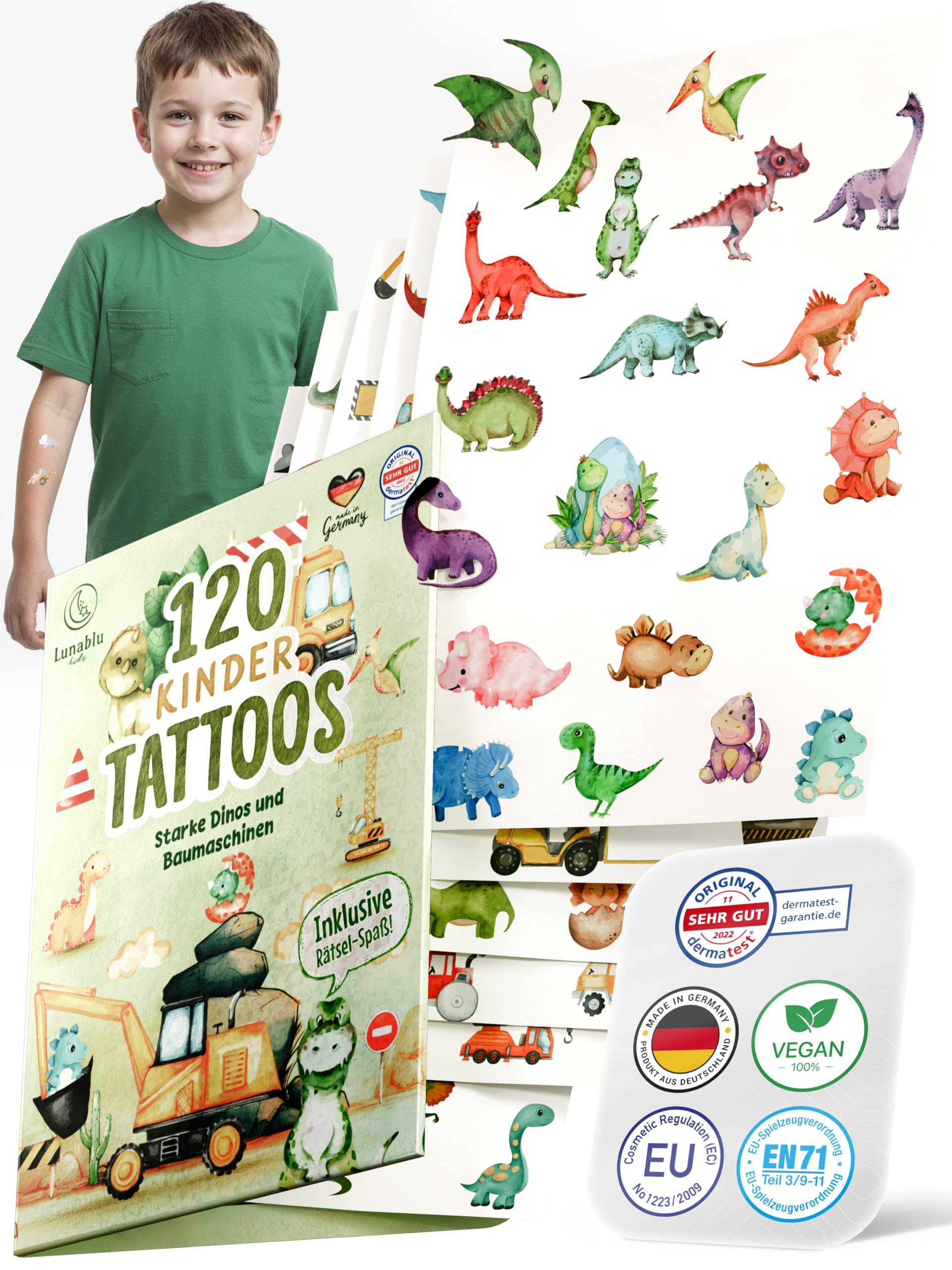 Lunablu 120 Hautfreundliche Kinder Tattoos [Dermatologisch Zertifiziert] MADE IN GERMANY | Geschenk für Kinder | Kindertattoos für Jungen und Mädchen | Tattoo - Dinos & Baumaschinen