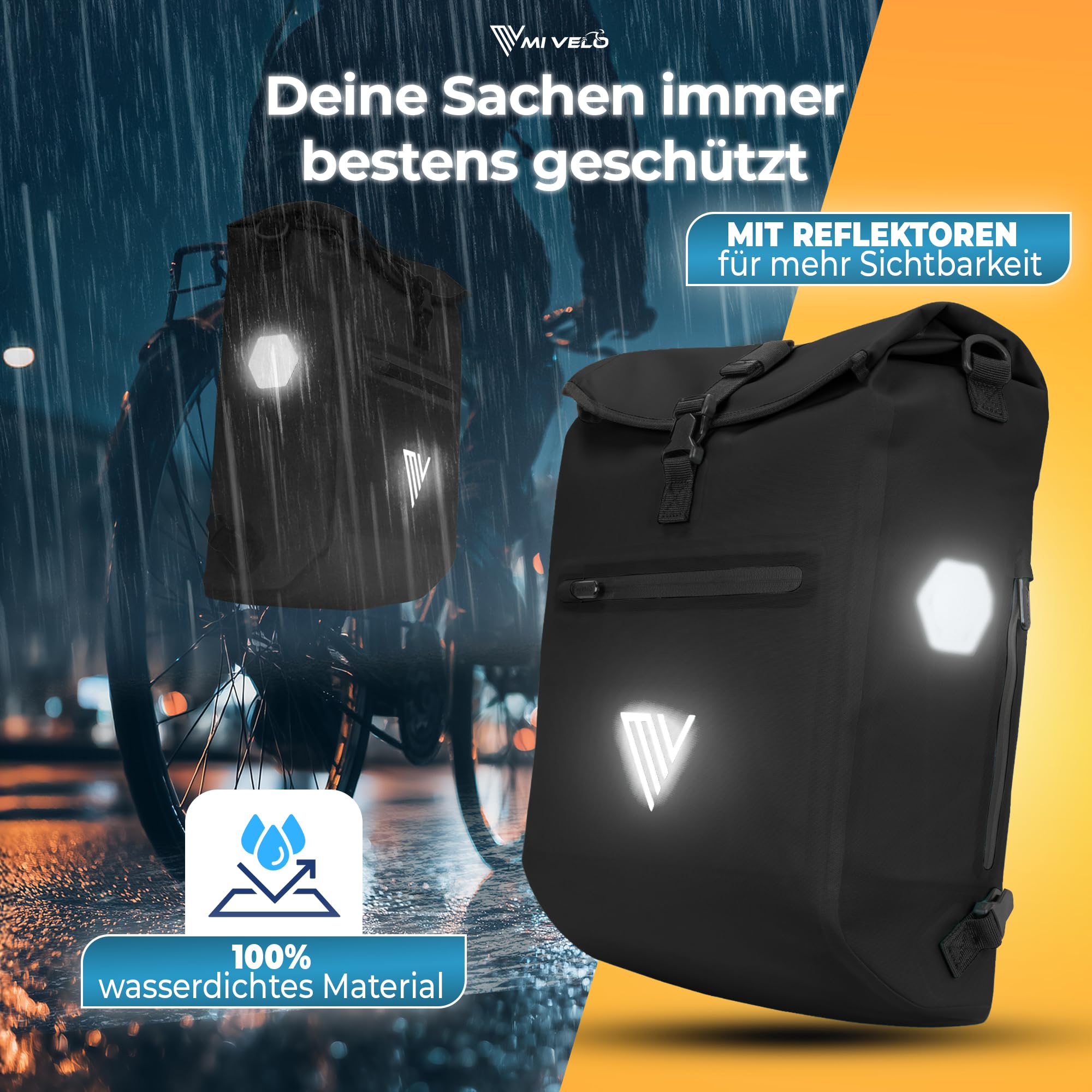 MIVELO 3in1 Fahrradtasche für Gepäckträger - Fahrrad Tasche Rucksack mit gepolstertem Laptopfach - Gepäckträgertasche hinten 100% wasserdicht mit Reflektoren (Schwarz, 20 Liter)