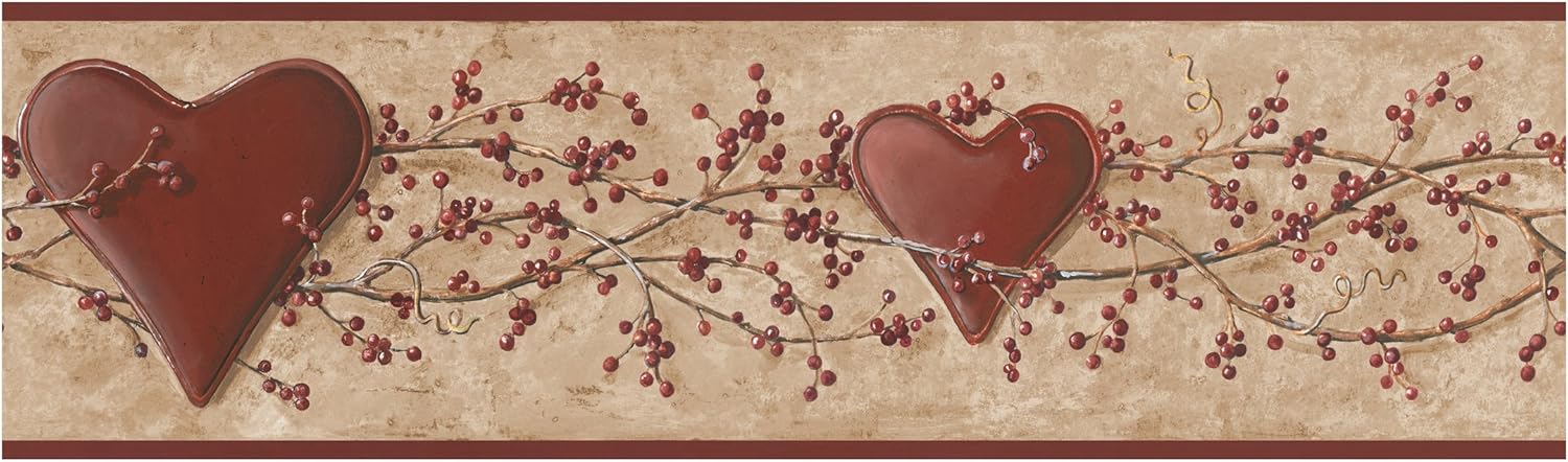 York Wallcoverings Best of Country HK4685BD Hearts & Vine Border, Khaki/Burgundy