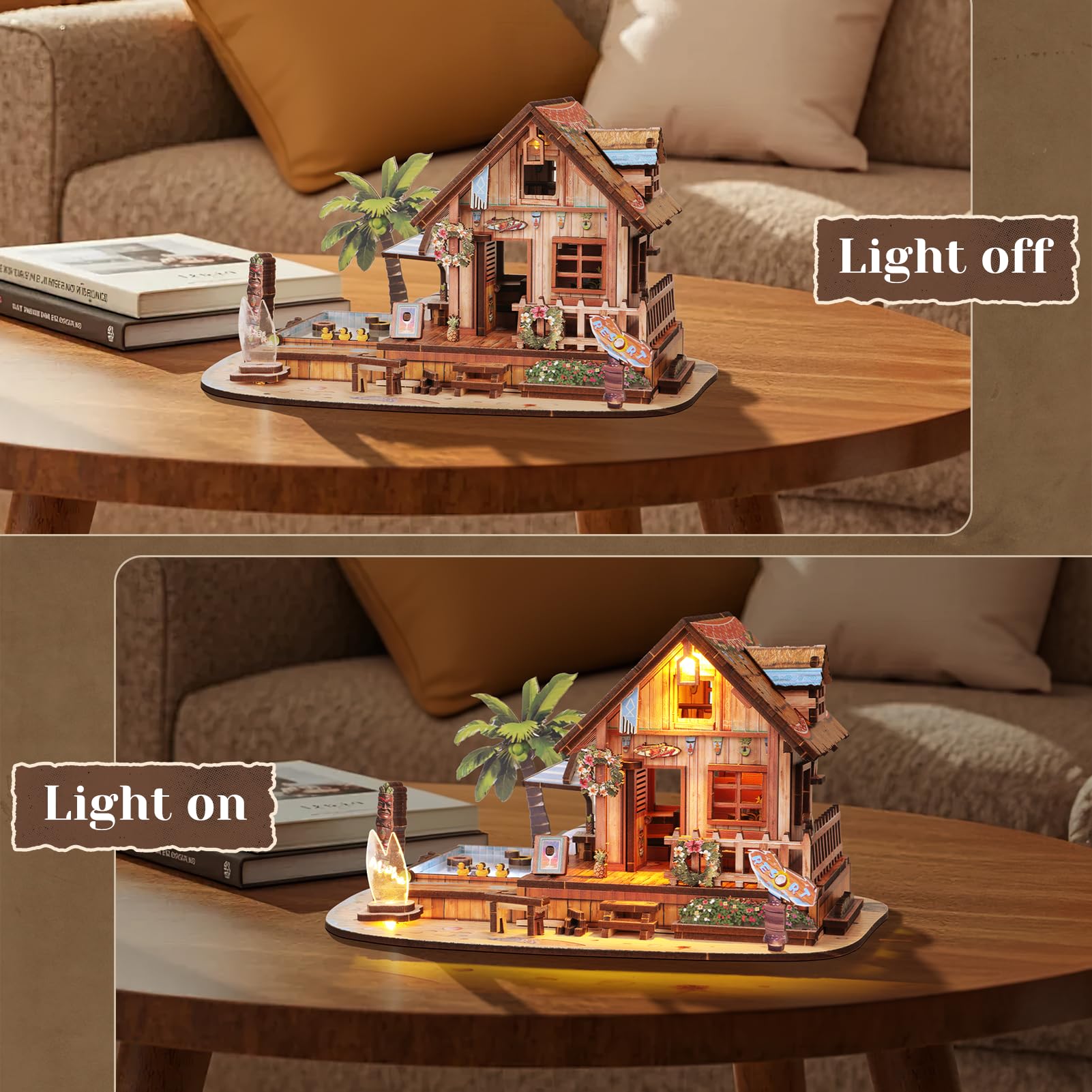 Casse-tête 3D en bois pour adulte, 187 pièces, maison de plage hawaïenne, kit de modélisme en bois avec lumière LED pour adultes, jouets cadeaux pour enfants de 14 ans et plus