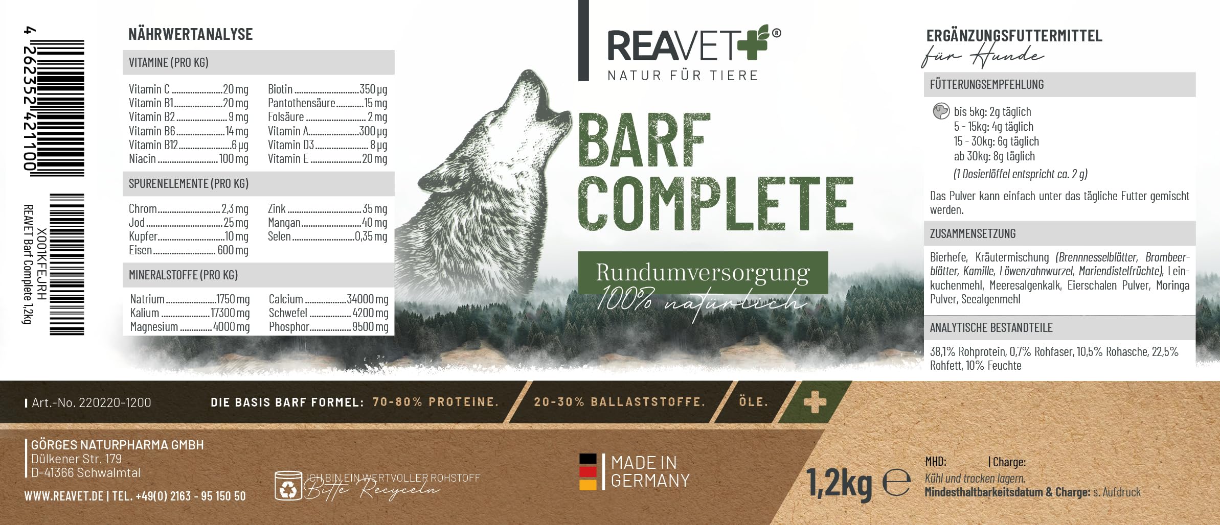 ReaVET Barf Complete Chien Poudre 1,2 kg - Barf pour Chiens, Barf Additif Chien Complet, Barf Poudre Chien, Minéraux, Vitamines Chien, Barf Chien