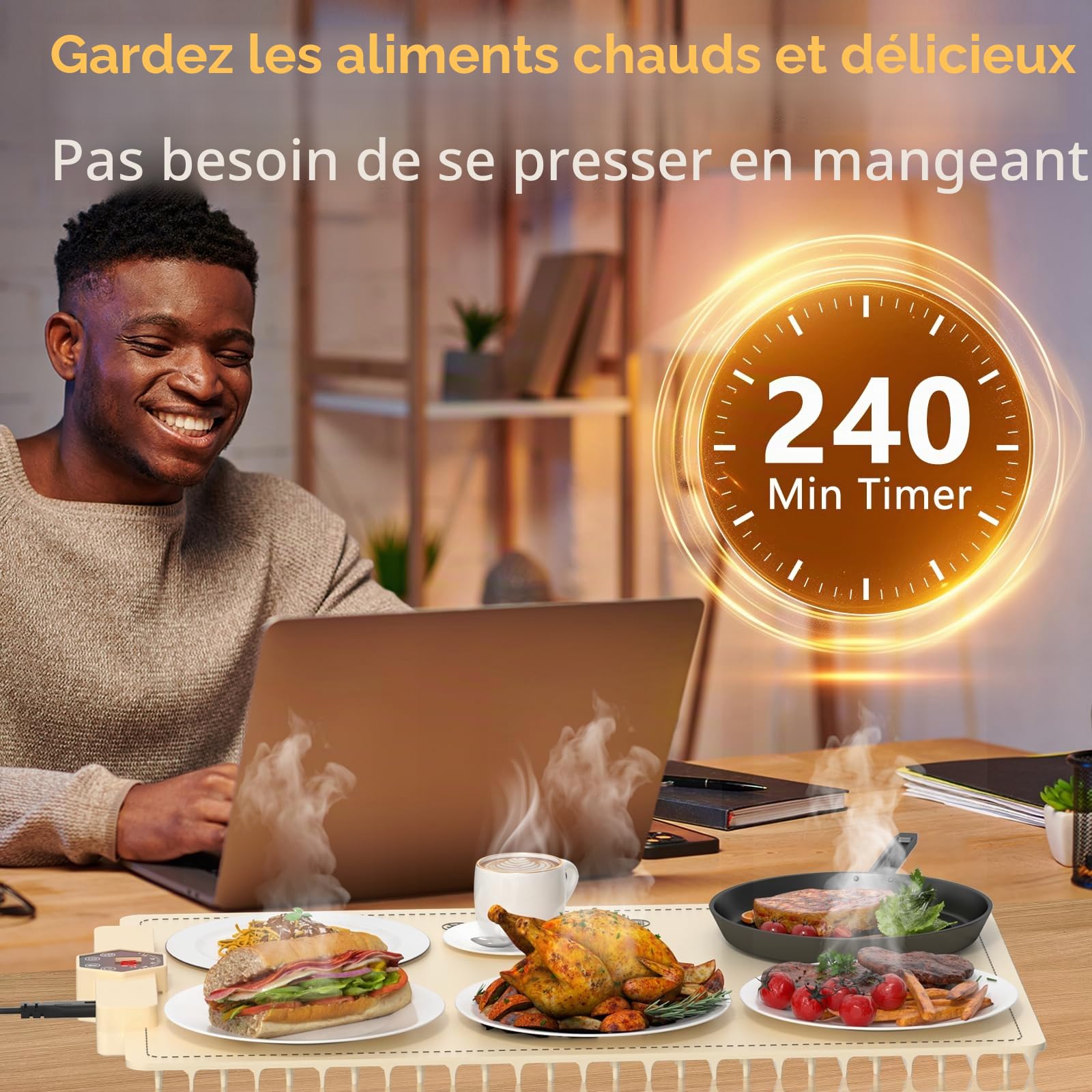 INNOWARMER Chauffe Plat Électrique, Plaque Chauffante Électrique Silicone Pliable Flexible, Plaque Chauffante avec 5 Température Réglable et Minuteur, Chauffe Plat pour Buffet Fête Familiale (Blanc)