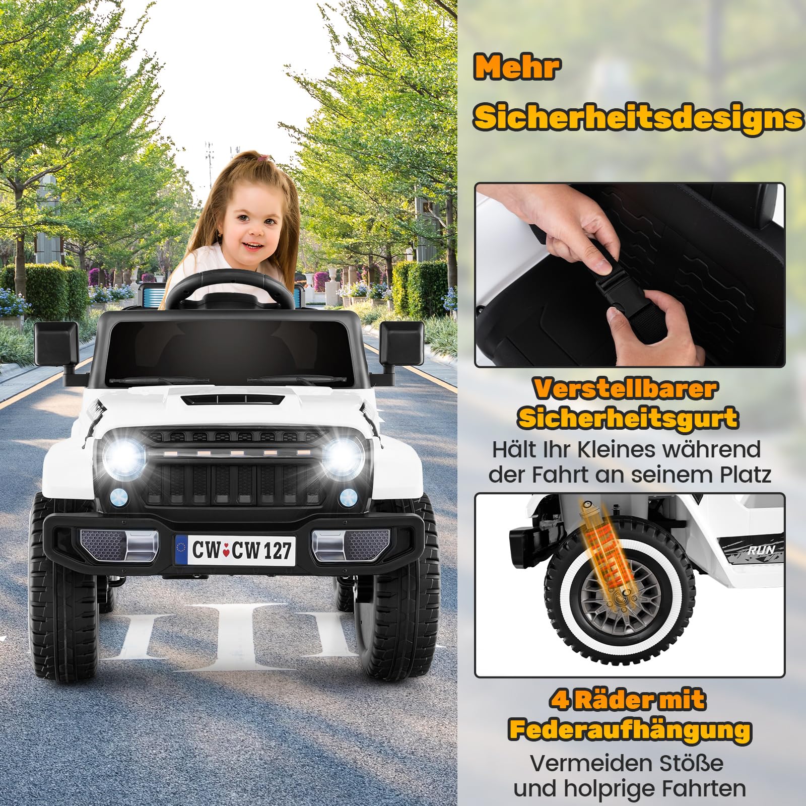 COSTWAY Elektryczny samochód dla dzieci, 12 V, elektryczny samochód dziecięcy z pilotem zdalnego sterowania, reflektorami LED, muzyką i USB, pojazd elektryczny dla dzieci od 3 lat (biały)
