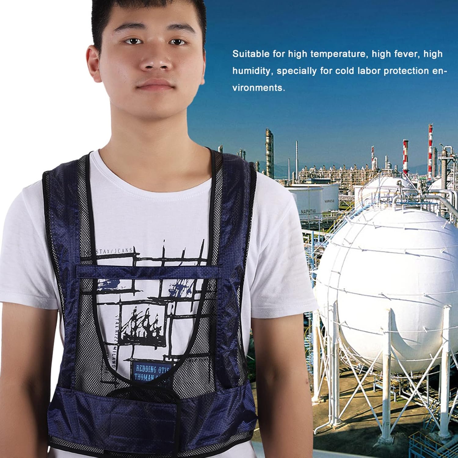 Person wearing the cooling vest in an industrial setting