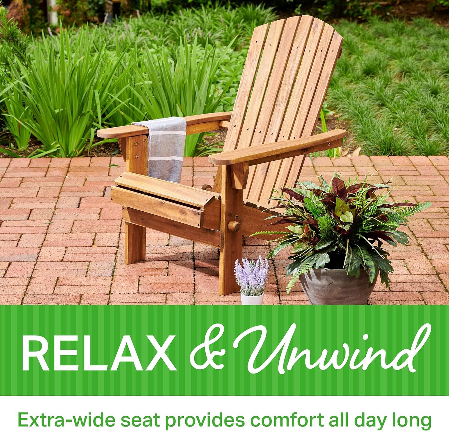 Silla Adirondack de madera maciza natural, silla plegable para hoguera para césped, jardín, patio, balcón y exteriores, sillas de jardín Adirondack plegables con reposabrazos anchos y