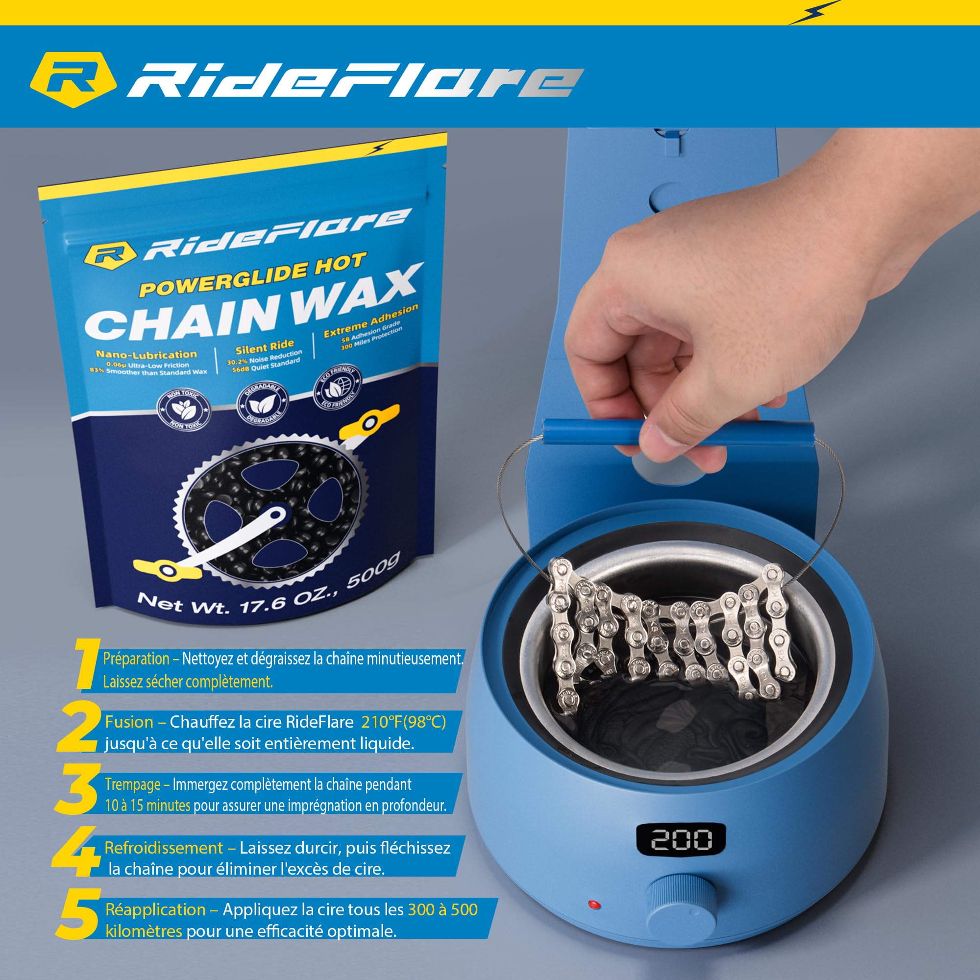 RideFlare Premium Cire pour chaîne 500g – Lubrifiant à chaud pour chaîne de vélo avec formule ultra-faible friction – Cire pour vélo durable et écologique pour une protection supérieure du groupe