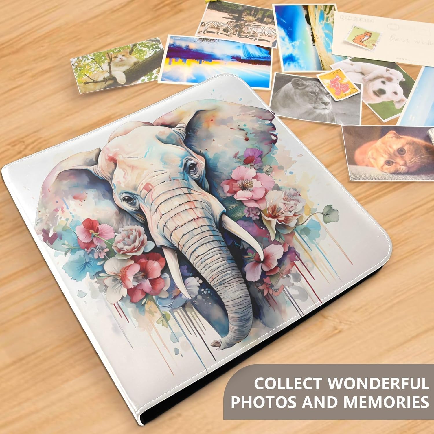 JIPONI Floral Elephant Large Photo Album, DIY Leather Cover Scrapbook Albums for 4x6 5x7 6x8 Pictures, Self Adhesive Memory Book for Wedding, Baby, Family