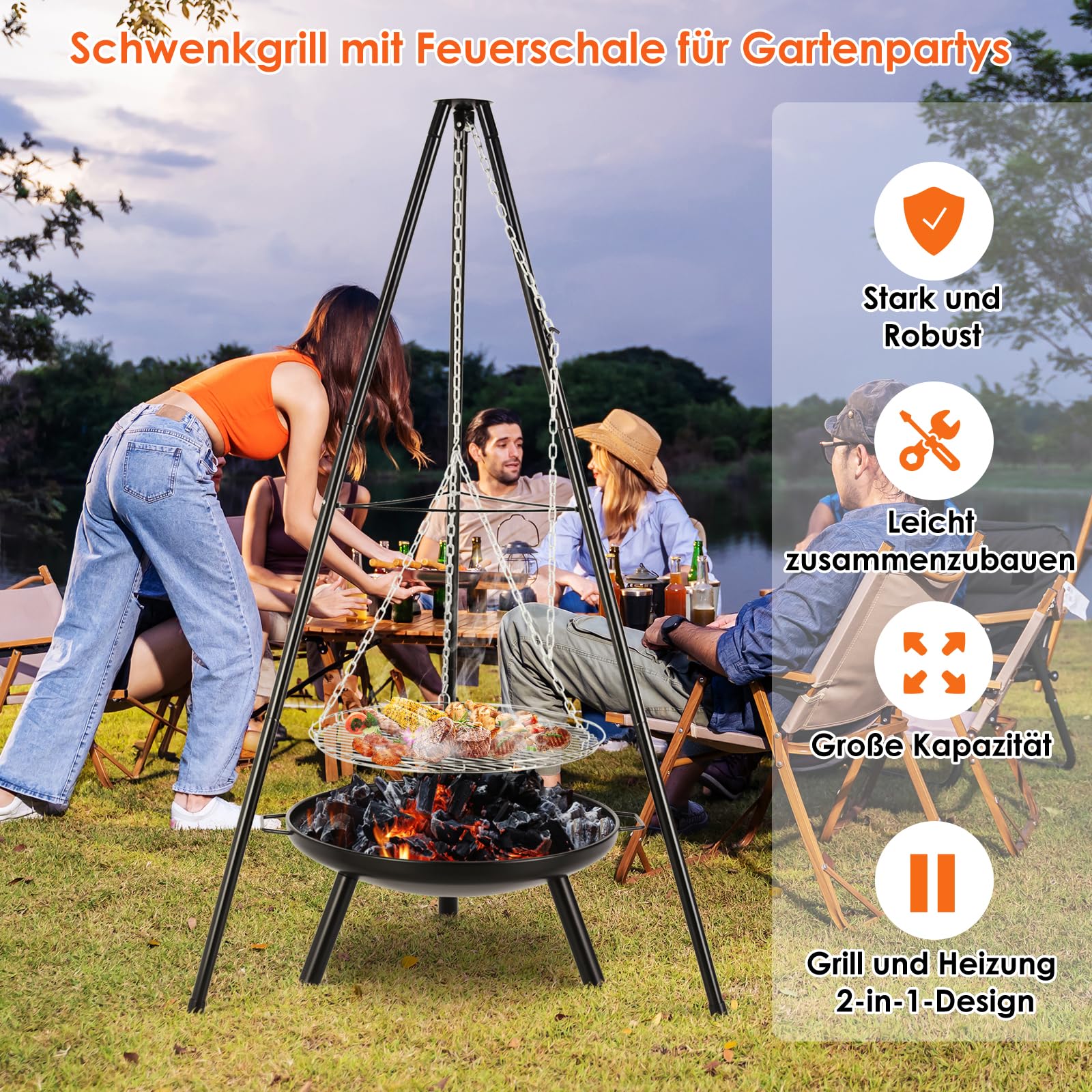 TLSUNNY Barbecue Pivotant avec Brasero, Barbecue Trépied avec Chaîne, Barbecue Charbon de Bois, Réglable en Hauteur de 200 cm, Ø68 cm Brasero avec Poignée, Foyer Extérieur pour Griller et Chauffer