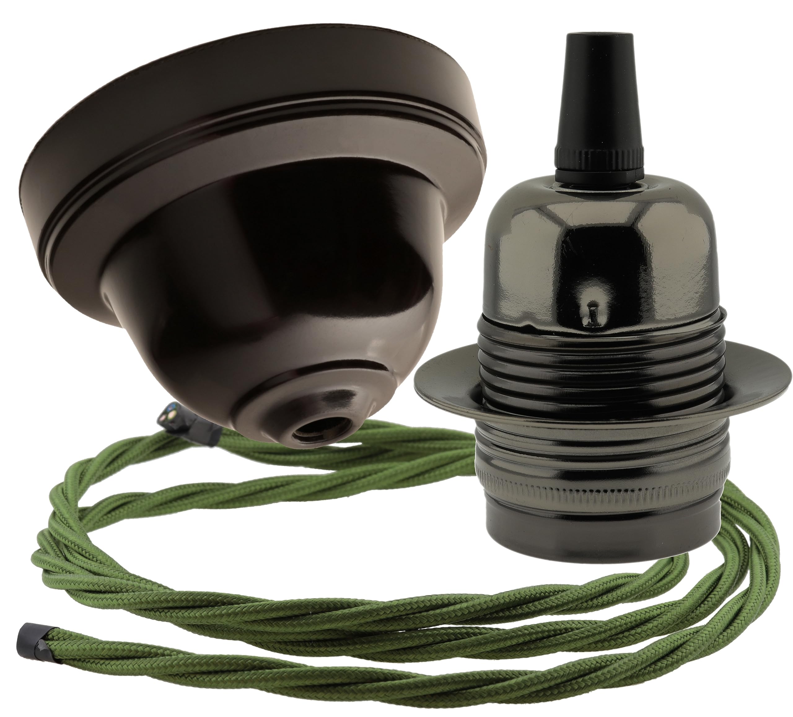 Repaireum Ltd. Vintage Styled Ceiling Pendant Kit incl. Black Bakelite Rose, Traditional E27 Lampholder in Antique Bras and 3 Core Green Braided Twisted Flex