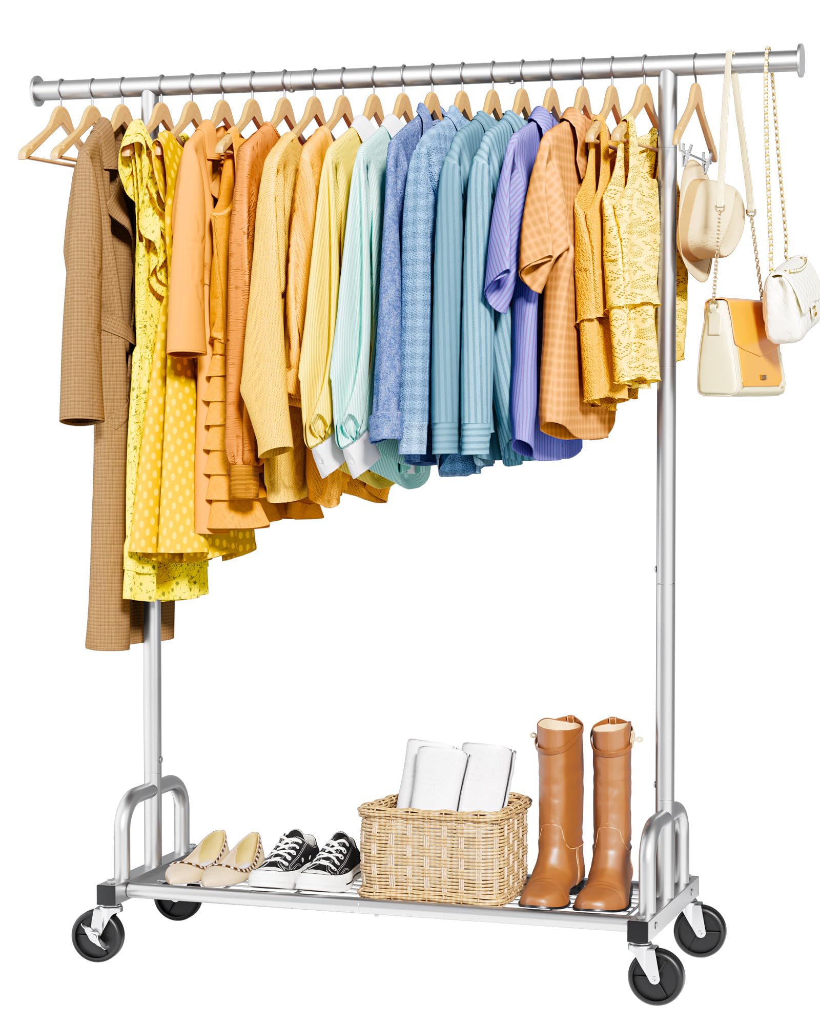 Clothes Rack - Large-Capacity Clothing Racks for Hanging Clothes with Lockable Wheels Space-Saving Metal Coat Rack for Bedroom