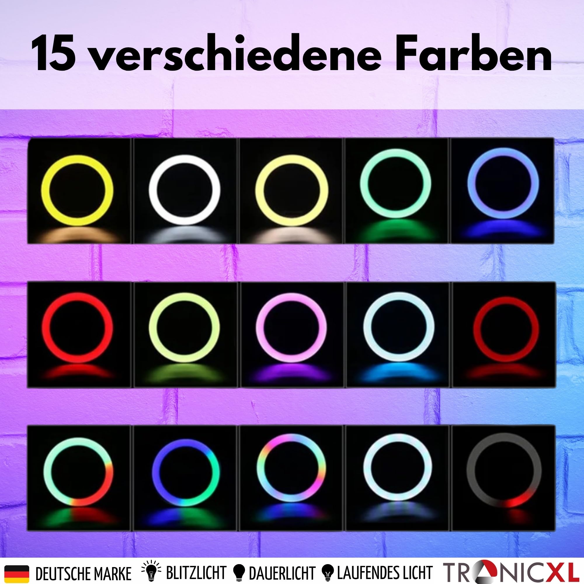 TronicXL Lampa pierścieniowa RGB LED ze statywem 210 cm duży + pierścień świetlny z uchwytem na smartfon, Tripod Beauty Light statyw do aparatu fotograficznego uchwyt na telefon komórkowy I do TikTok