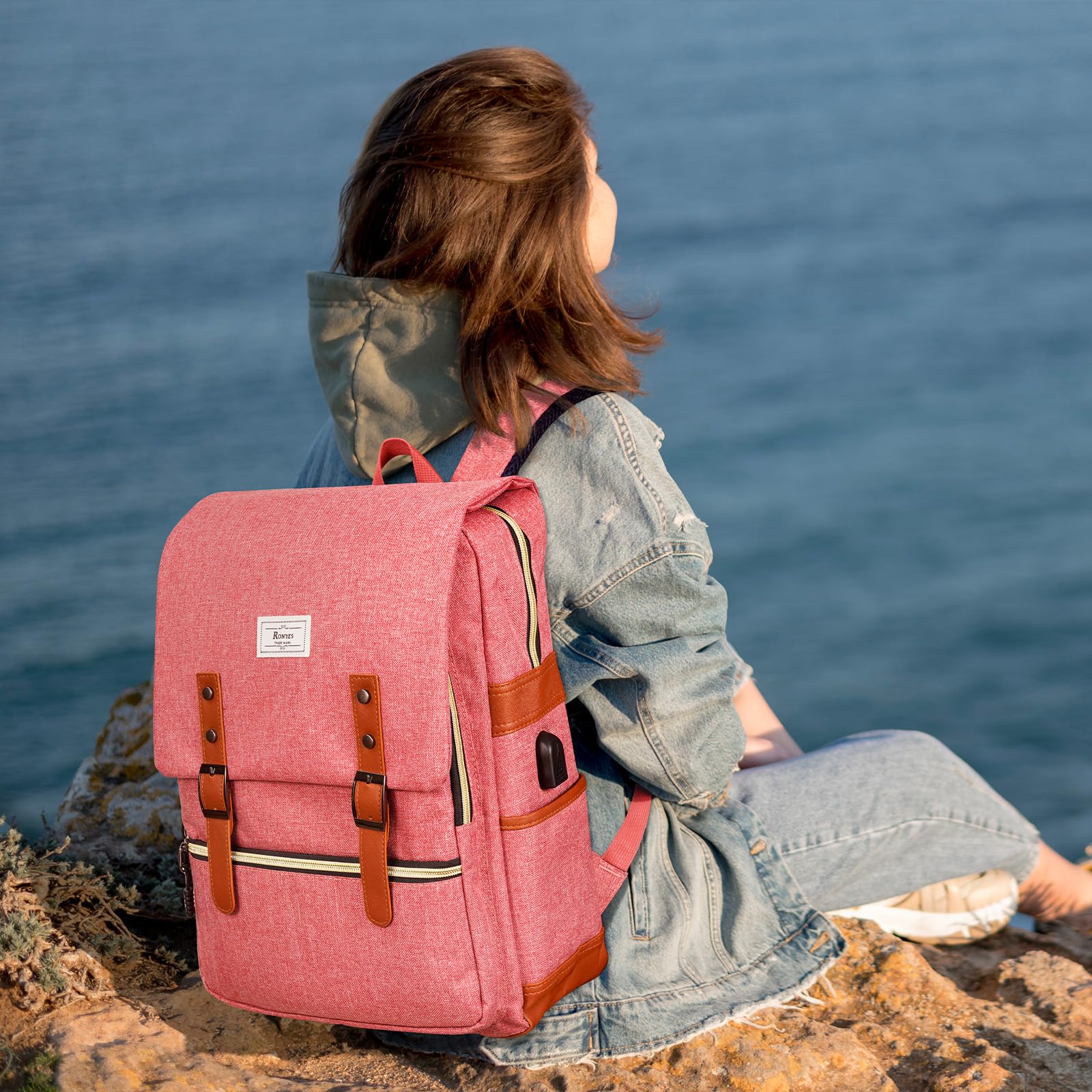 Ronyes Vintage Laptop Backpack for Women Men,15.6 inch Bookbag Casual Daypack with USB Charging Port for College Work, Pink Backpacks : Electronics