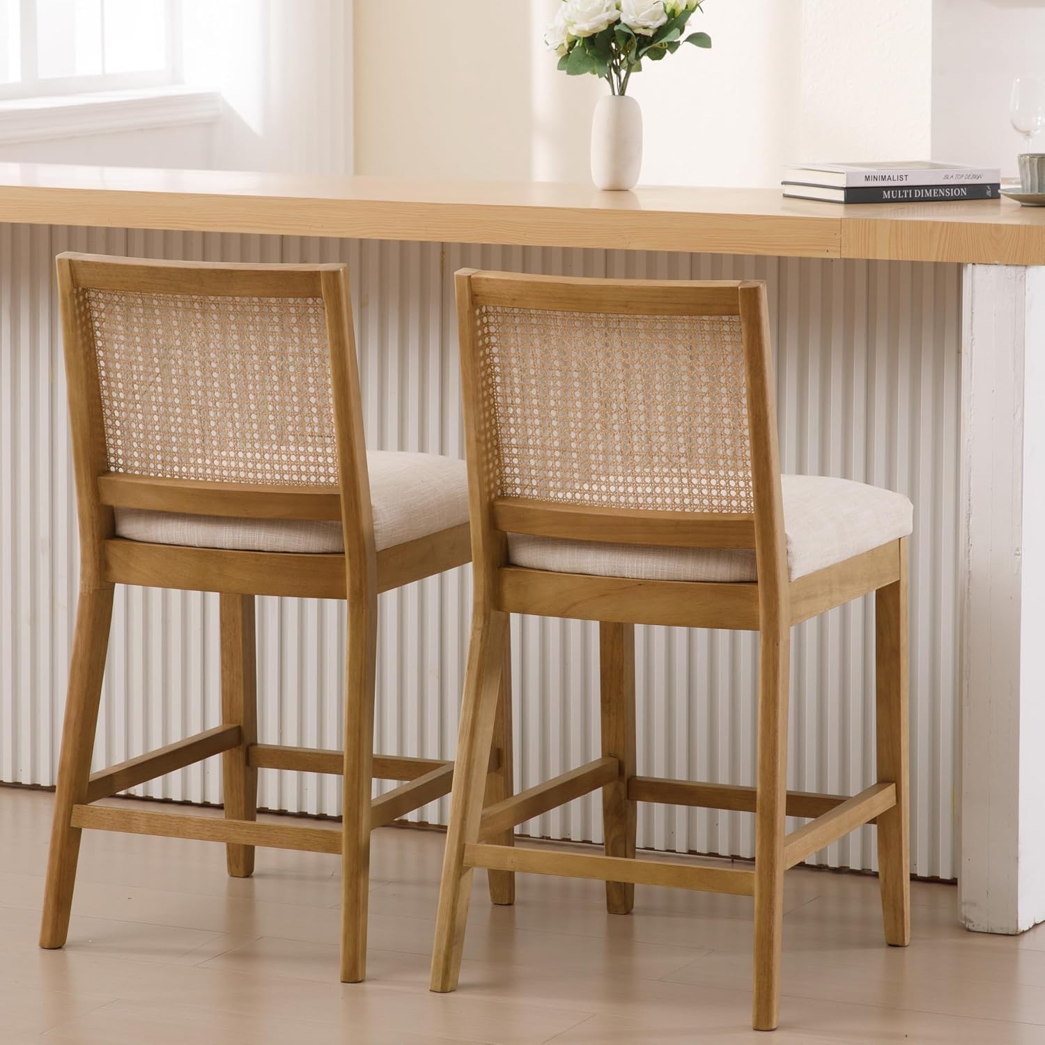 26” Counter Height Bar Stools Set of 4 Mid Century Modern Bar Chairs with Rattan Back & Wood Legs, Upholstered Linen Fabric Barstools Island Stools for Kitchen Counter Home Bar, Beige