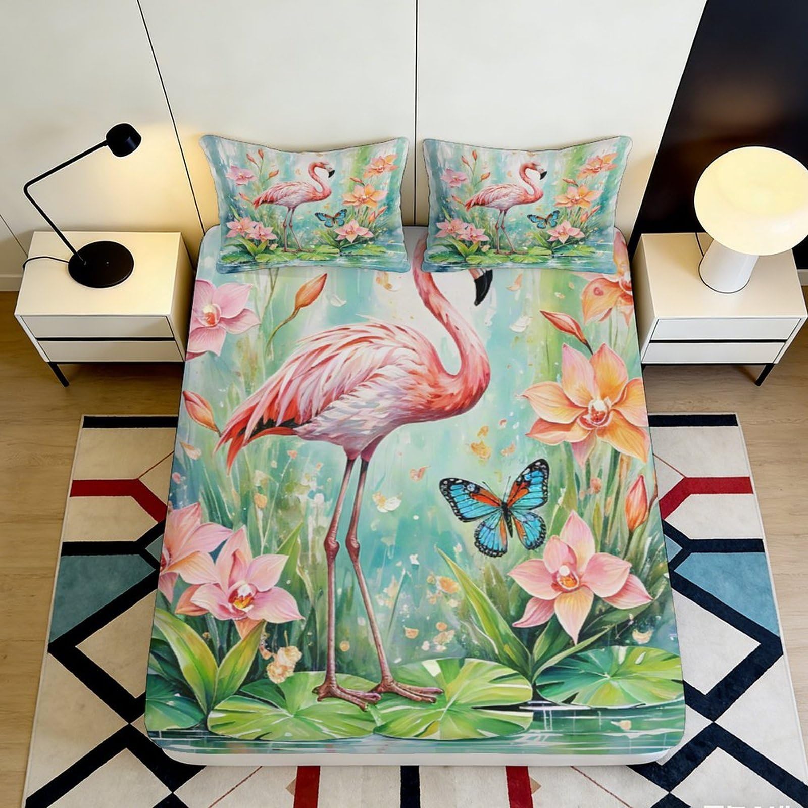 3D Printed Flamingo Floral Fitted Sheet Microfiber Deep Pocket Elastic Hem Bedroom Bedding Flamingo Mattress Fitted Cover Washable 160x200x25cm