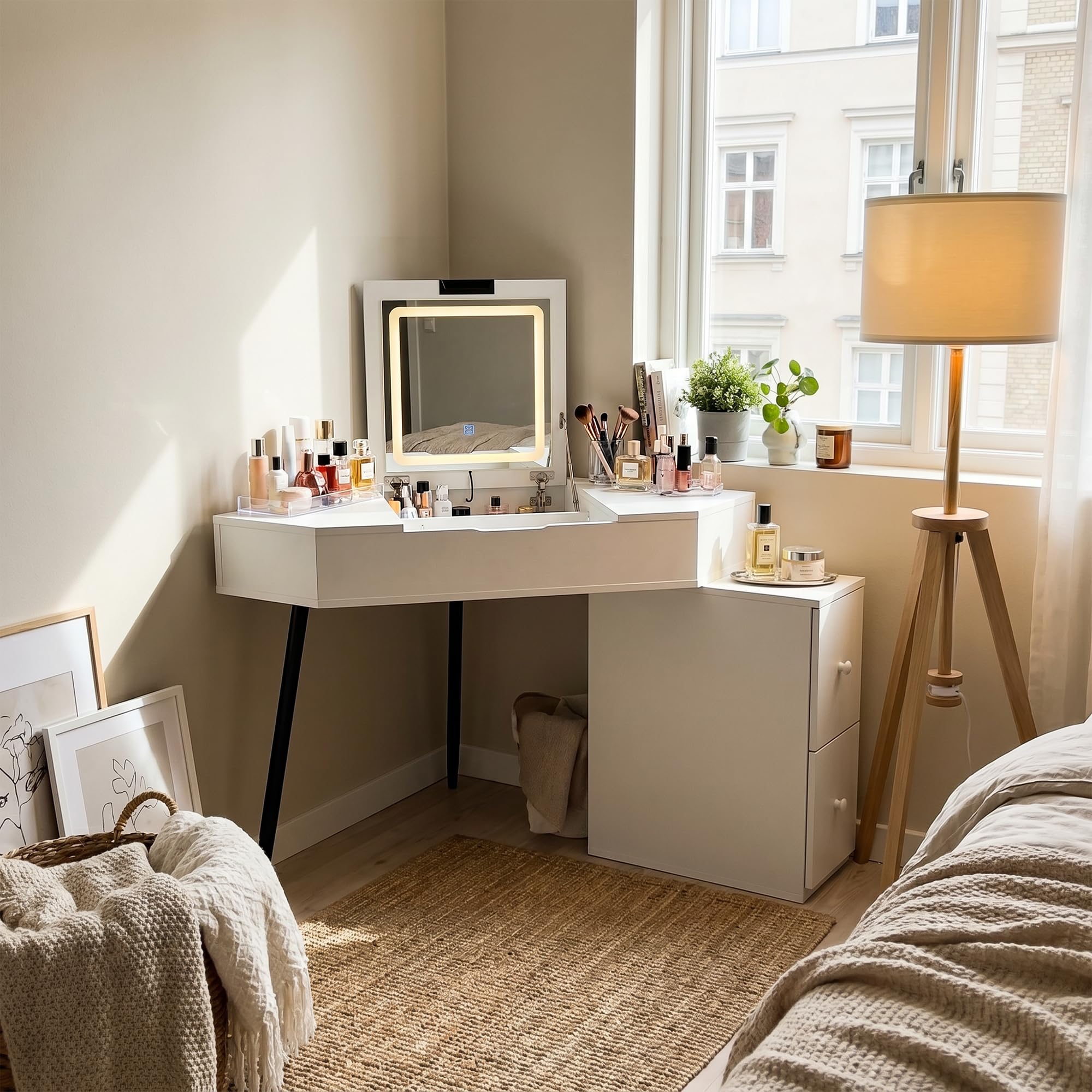 Corner Dressing Table with LED Mirror & Hidden Storage - Vanity Desk White