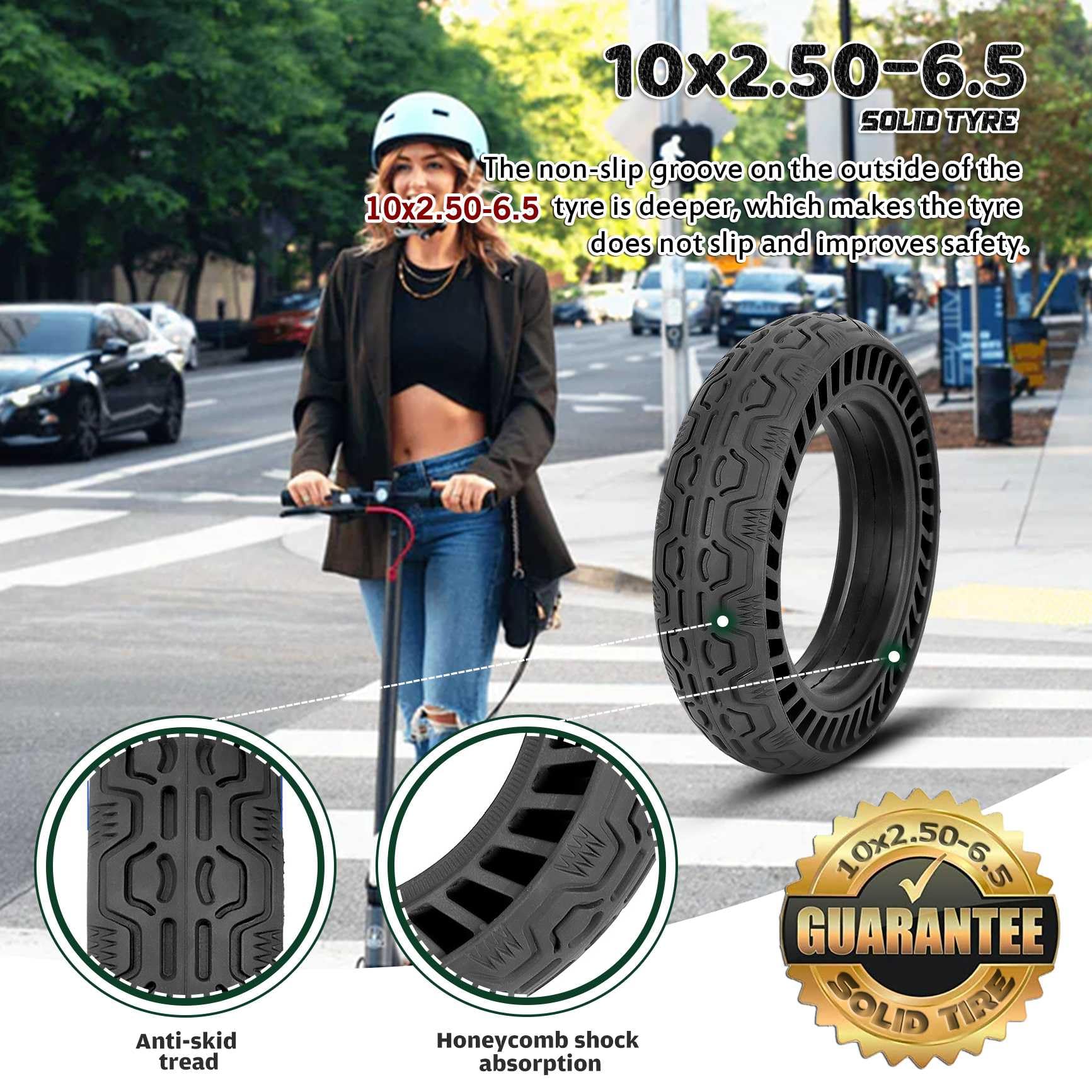 Upgraded Tyre 10 x 2,50 – 6,5 – 6,5 cm, pełna guma, 10 cali, bezdętkowe, do skuterów elektrycznych, 10 x 2,50 – 6,5, gumowe opony o strukturze plastra miodu do skuterów elektrycznych, opon przednich