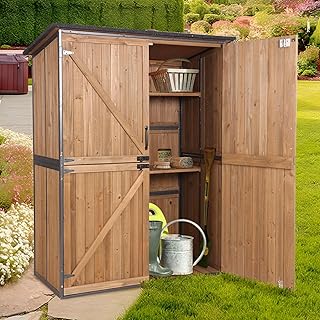 Outdoor Storage Shed, 4.6 x 2.42FT Wooden Garden Sheds Cabinet with All Around Strong Metal Frame, Waterproof Tool Shed with Adjustable Shelves and Removable Floor (Brown)