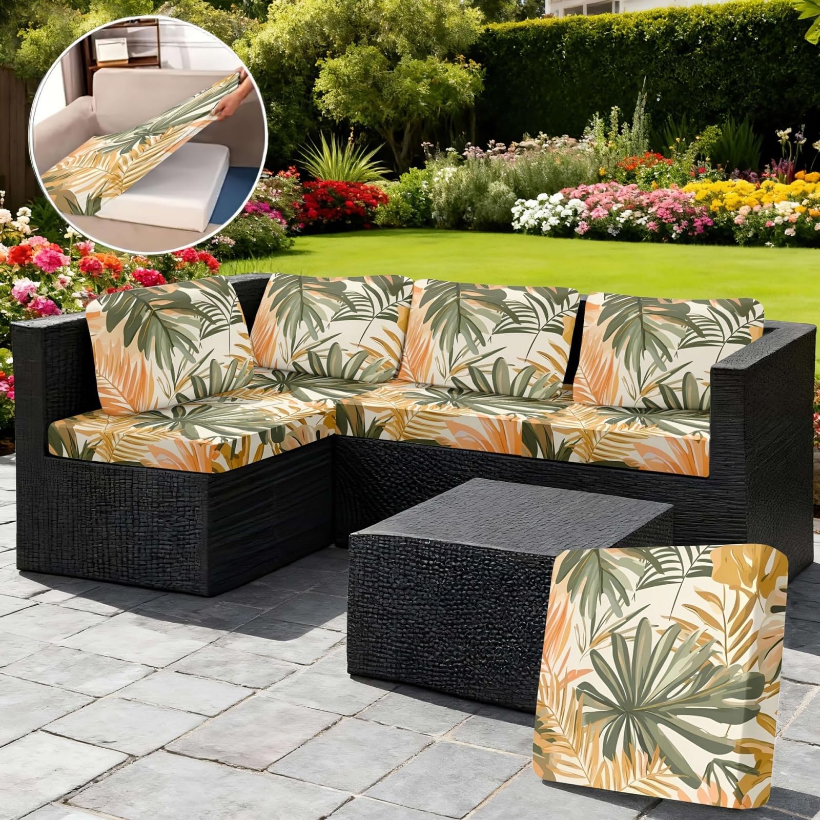 Morbuy Copricuscini Impermeabili per Esterno Giardino Patio, Set 6/8, Divano Angolare in Rattan (Alberi in fiore)