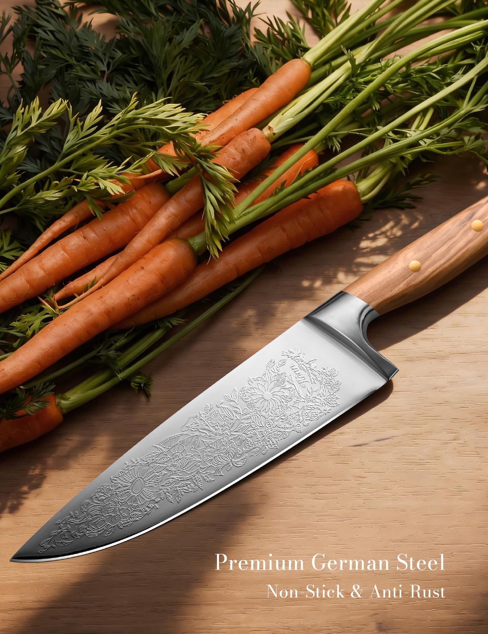 Chef Kitchen Knife 8", Embossed Botanical Blade, Olive Wood Handle — Amazon image 3