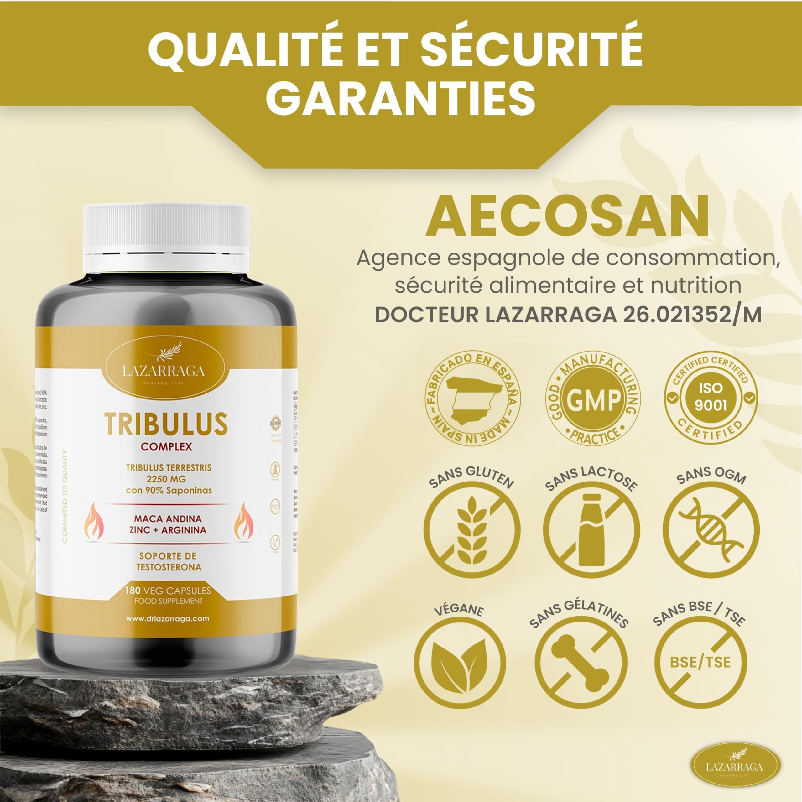 TRIBULUS TERRESTRIS PUISSANT 4 EN 1 avec Maca Andine + Arginine + Zinc | Complément contre la fatigue pour hommes | Force et énergie | 90% de saponines | 180 gélules véganes | 2 mois | Lazarraga