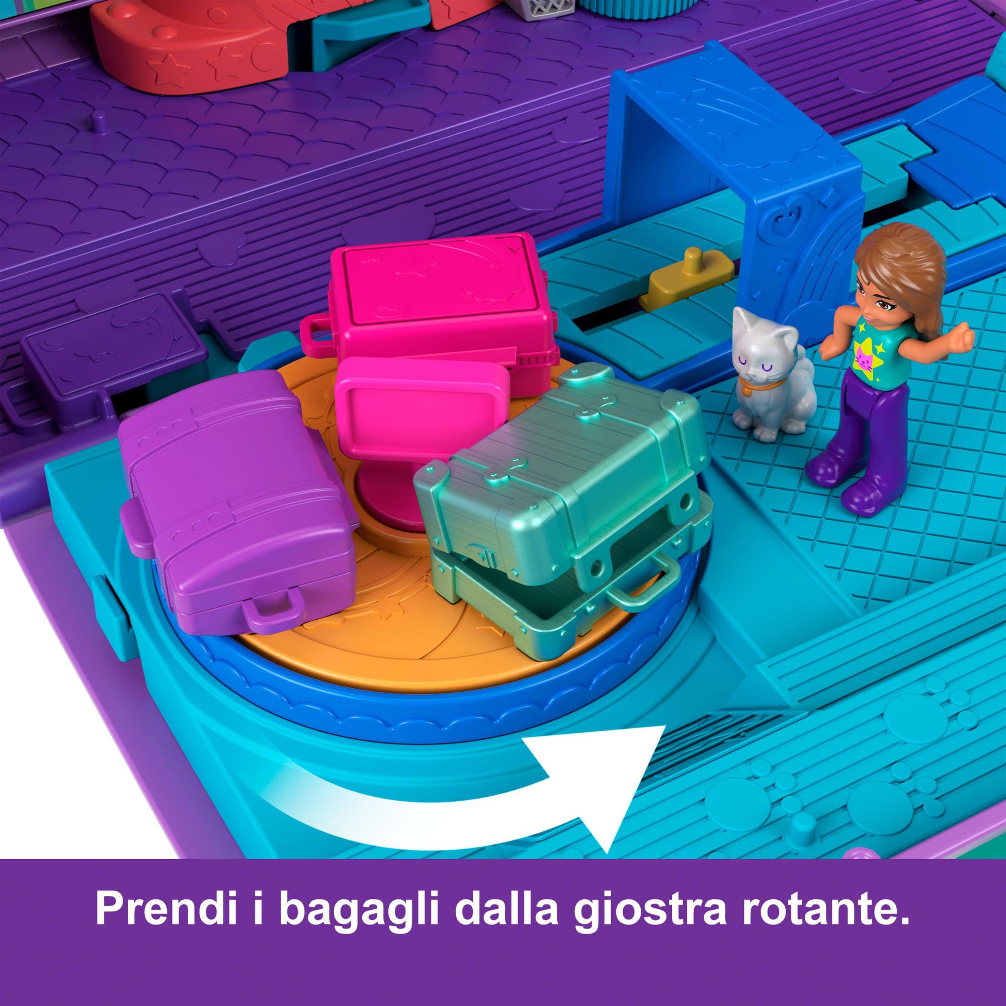 Polly Pocket - Aereo Gattino, playset da viaggio con 2 micro bambole, palco rotante e cucciolo di gatto, 19 accessori inclusi, giocattolo per bambini, 4+ anni, HWP19