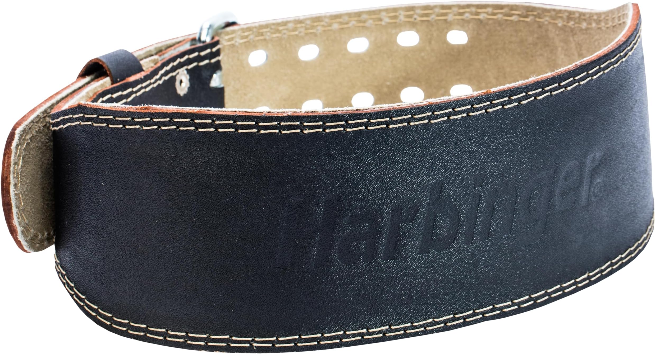 Harbinger Padded Leather Contoured Weightlifting Belt - 4" or 6” Width - Interior Suede Lining & Foam Cushioning - Heavy-Duty Dual Prong Steel Roller Buckle - for Lifting Support