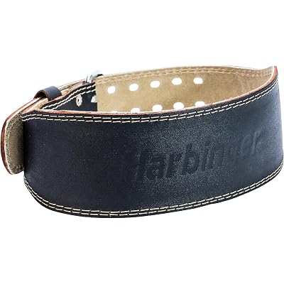 Harbinger Padded Leather Contoured Weightlifting Belt - 4" or 6” Width - Interior Suede Lining & Foam Cushioning - Heavy-Duty Dual Prong Steel Roller Buckle - for Lifting Support