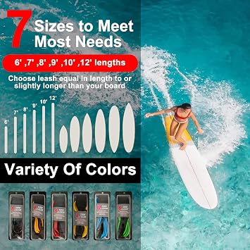 Surfboard Leash, 6/7/8/9/10/11/12ft SUP Leg Rope, 7mm Adjustable Thigh Ankle Cuff Leash, Straight Surf Leashes with Key Pocket, 6 Color