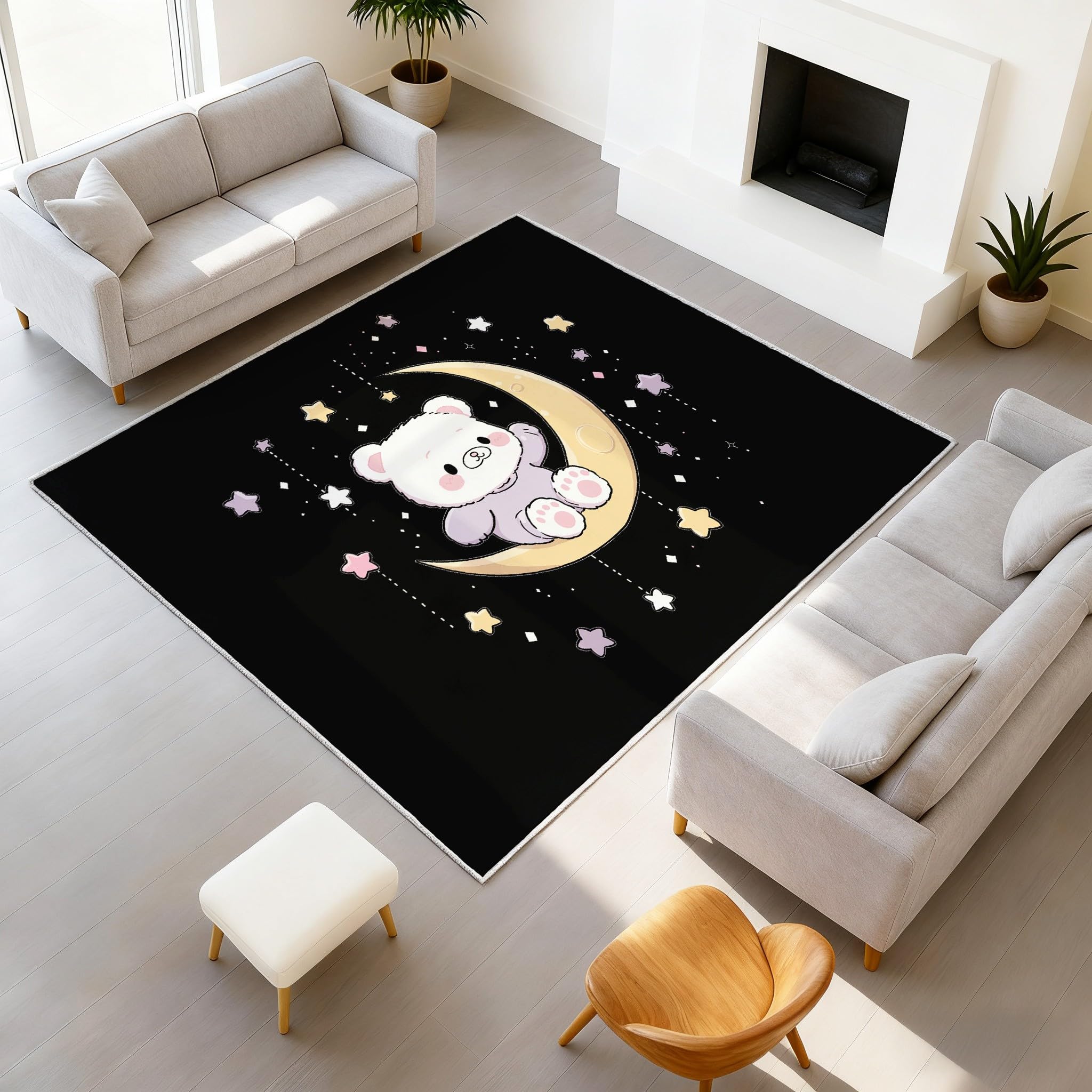 Generisch 80 x 150 cm Teppich Fantasy Cartoon Traumhaft Teppiche Mond Teddybär Schwarz Teppiche & Klettverschluss Maschinenwaschbar für Dekoration Schlafzimmer Kinderzimmer Wohnzimmer