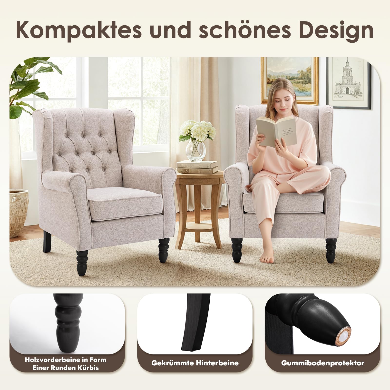 COLAMY Mid-Century Modern Sessel Wohnzimmer, Gepolsterter Wingback-Sessel mit Knopfsteppung, loungesessel Bezug aus Gewebe mit Massivholzbeinen für Wohnzimmer, Büro, Café - Beige
