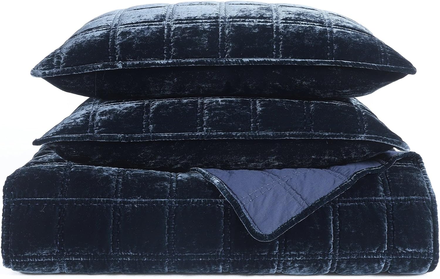 HiEnd Accent Stella Faux Silk Velvet Double Box Stitch 3 Piece Quilt Set, King Size, Midnight Blue Solid Color, Classic Chic Modern Rustic Elegant Bedding Set, Lightweight Bed Set