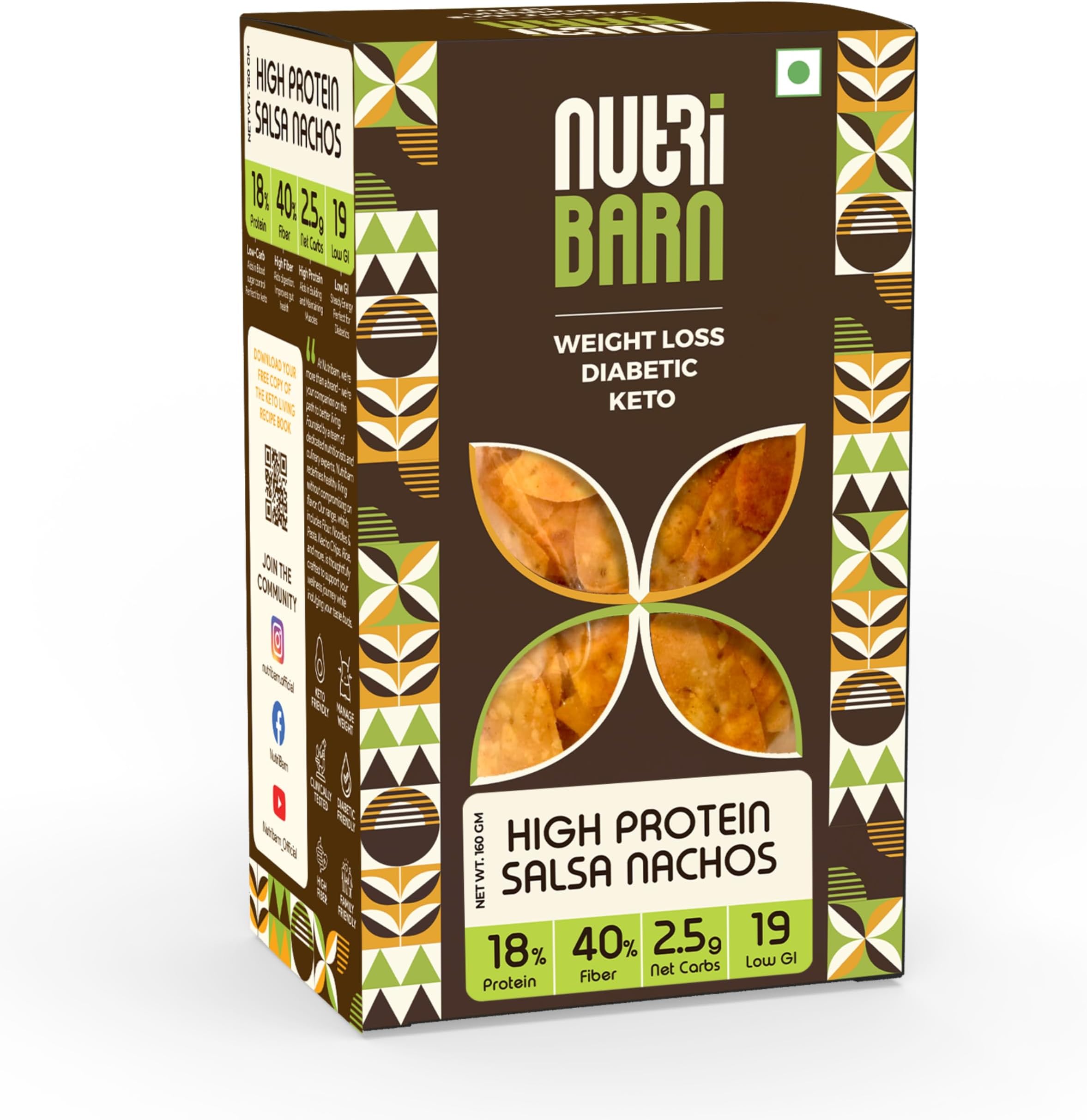 Nutribarn High Protein Low Carb Salsa Nachos 600 Gms | 25% Protein | 1.7g Net Carbs | Lab Tested Low GI 19 | Diabetic Friendly, Weight Management Nacho Chips | 60g (Pack of 10)