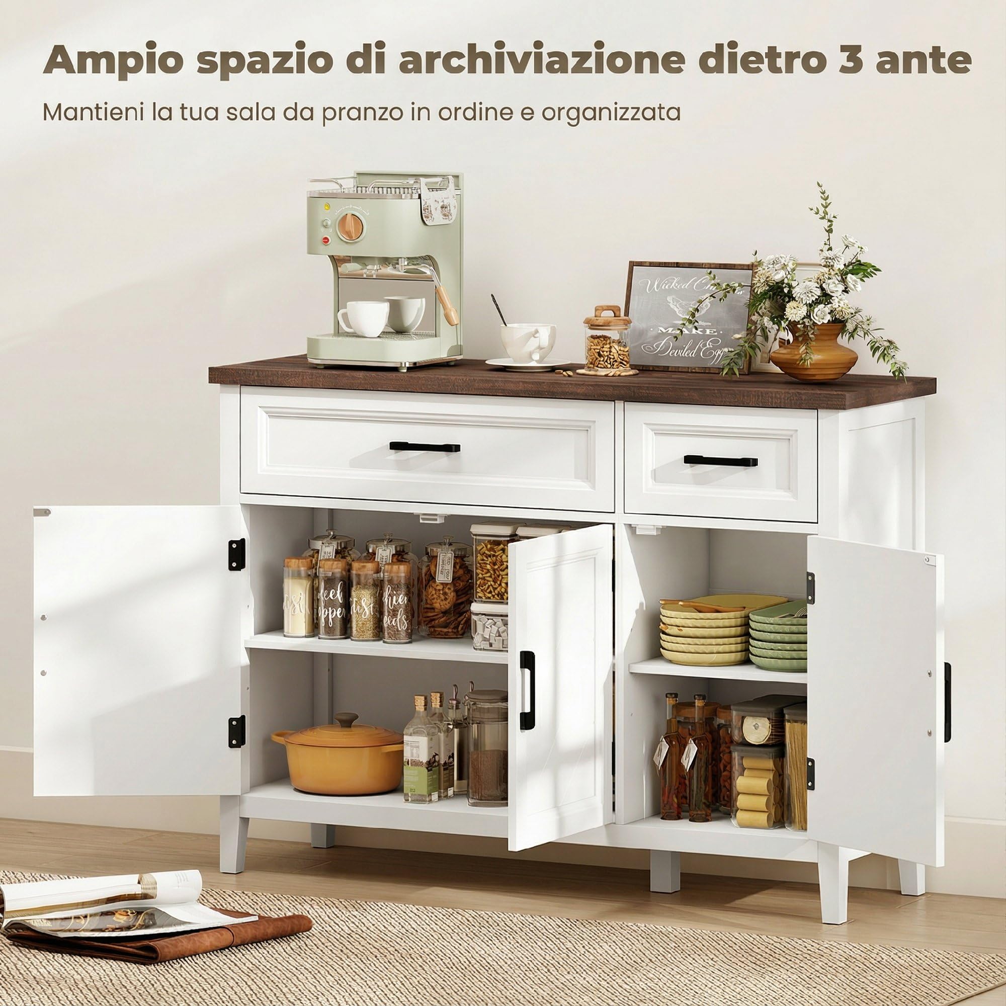 HOMCOM Credenza Cucina, Mobile Cucina con 3 Ante a Fienili, Ripiani Regolabili e 2 Cassetti, Piano Effetto Legno, Stile Rustico, Mobile Buffet per Soggiorno, Sala da Pranzo, 110x35x80.5 cm, Bianco