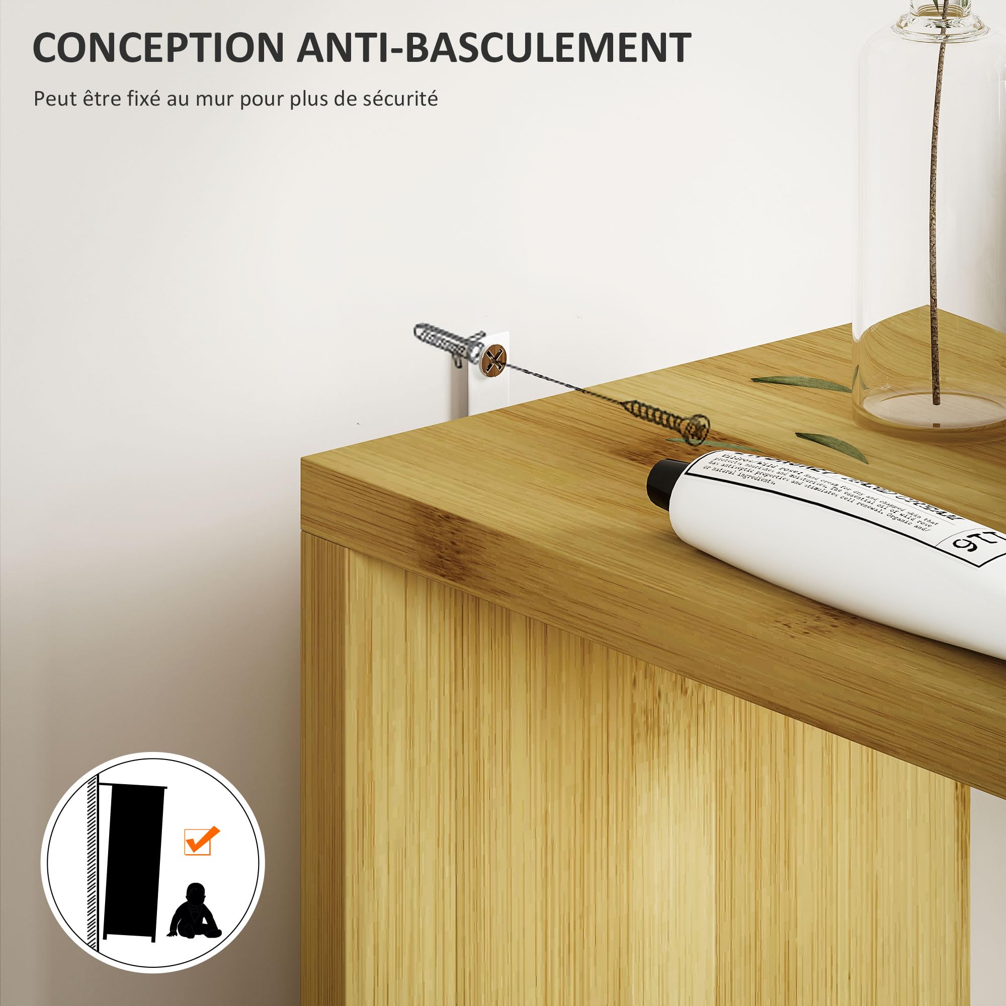 HOMCOM Colonne de Salle de Bain, Meuble de Salle de Bain, avec 2 étagères Ouvertes, 2 placards à Portes magnétiques, en Bambou, Bois Naturel