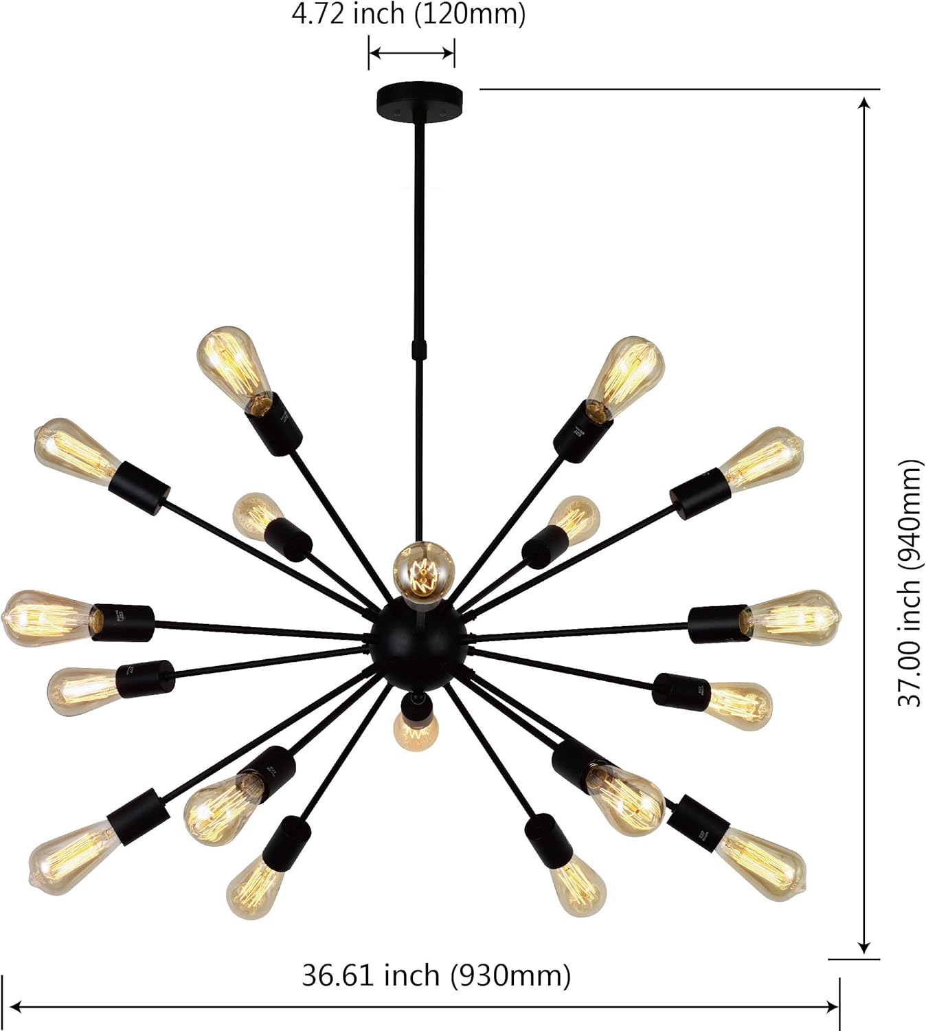 Up To 50% OFF VINLUZ Modern Farmhouse Chandelier Lighting-18 Lights Sputnik Chandelier Black Industrial Pendant Semi-Flush Mount Ceiling Light Fixture