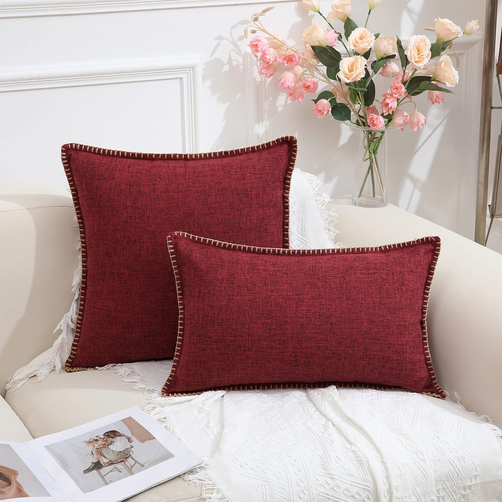 DecorUhome Set Of 2 Linen Cushion Covers 40X40cm,Decorative Outdoor Plain Vintage Cushion Covers With Stitched Edges, Square Farmhouse Neutral Pillow