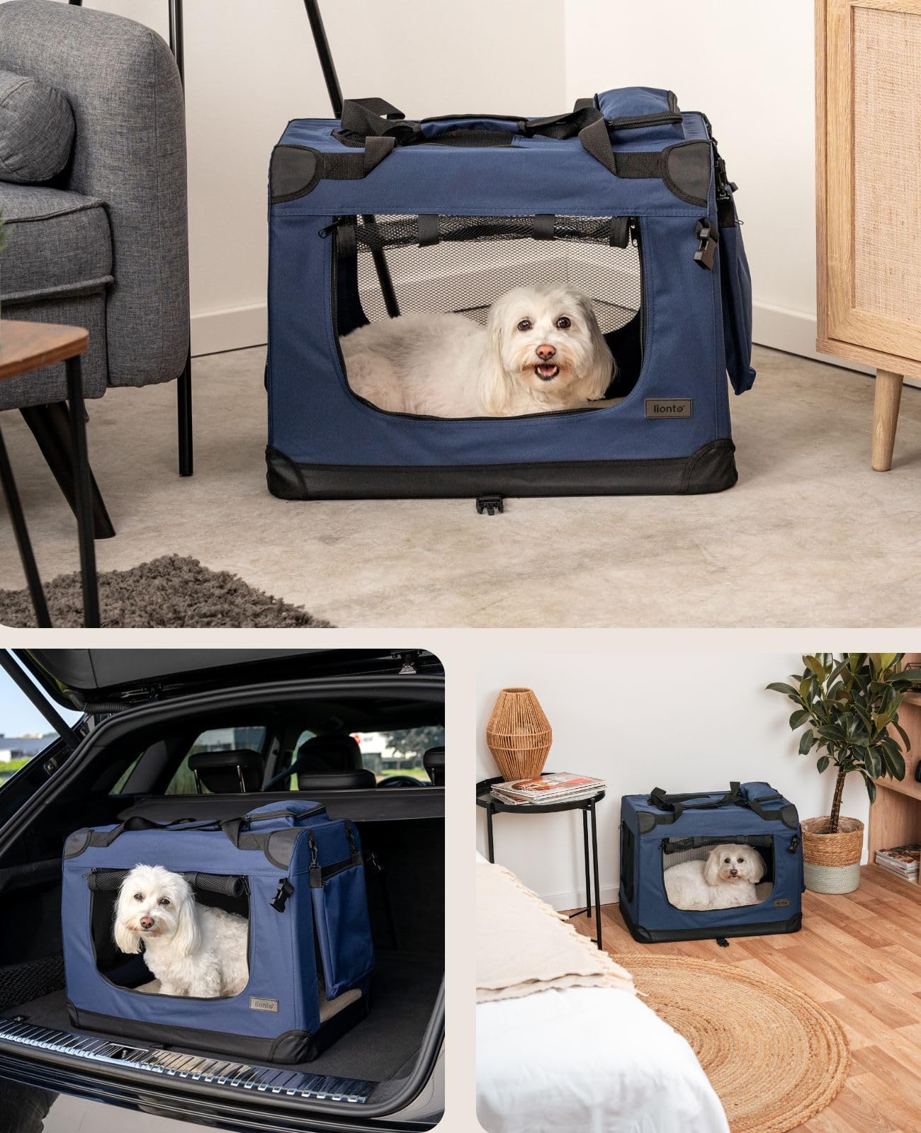 lionto Borsa trasportino per cani pieghevole per viaggi e auto, 60x42x44 cm, box di trasporto stabile con maniglie per gatti e animali fino a 12 kg, scatola in tessuto, blu scuro