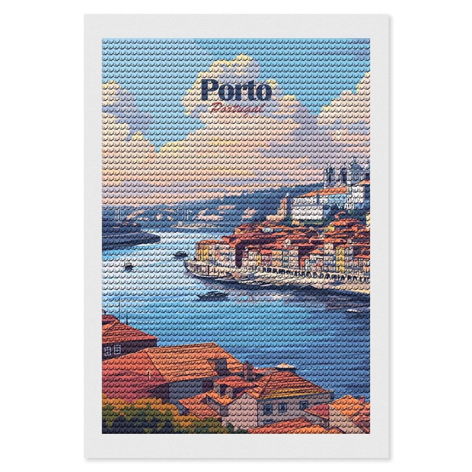 Junmoney Porto, Portugal Cityscape Diamond Art Kit 8"x12", Neat Printed Canvas, Finish and Display, Relaxing DIY Hobby, Living Room Decor