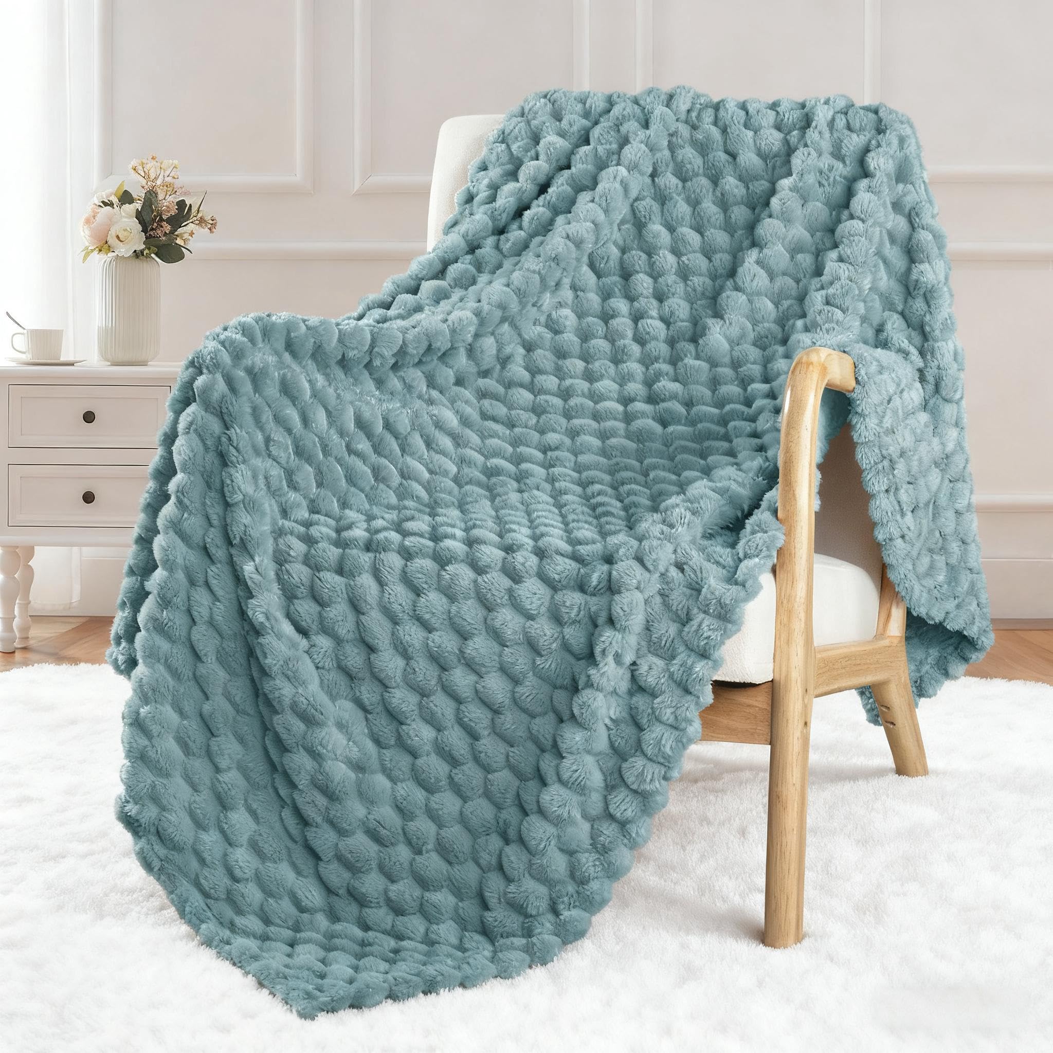 Exclusivo Mezcla Extra Large Soft Fleece Throw Blanket, 50x70 Inches 3D Clouds Stylish Jacquard Throw Blanket for Couch, Cozy Soft Lightweight for All Season, Celadon Blanket