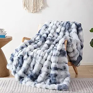 Smoofy Faux Fur Throw Blanket for Couch Rabbit Fleece - Tie-dye Blue Fluffy Blanket for Sofa Bedroom Living Room, Cozy Soft Plush Luxury Thick Winter Fuzzy Comfy Bubble Blanket - 60" x 80"