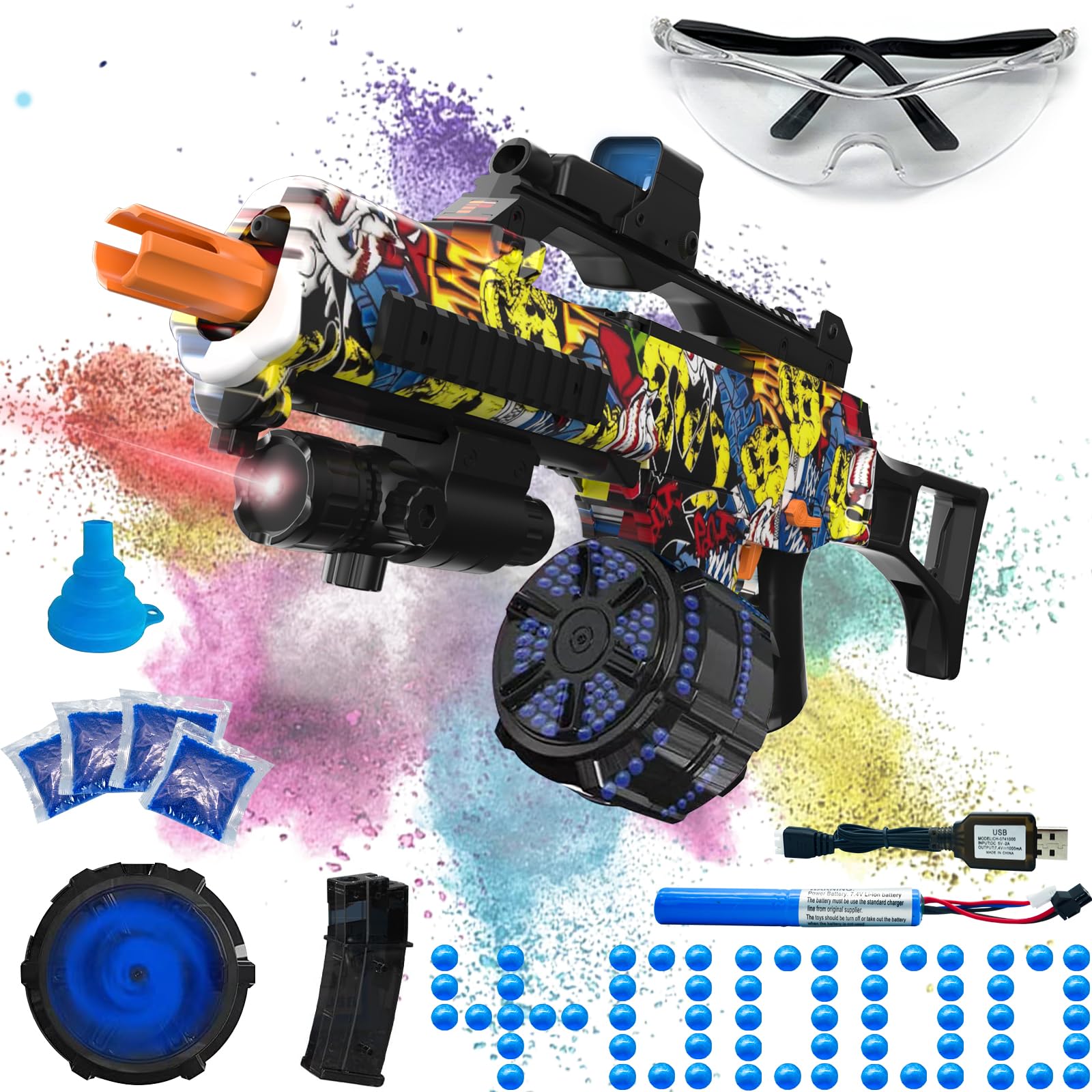 Electric Gel Ball Blaster, High Speed Automatic Splatter Ball Blaster with 40000+ and Goggles, JIFTOK Rechargeable Splatter Ball Toys for Outdoor Activities Shooting Game Party Favors-Yellow Skull