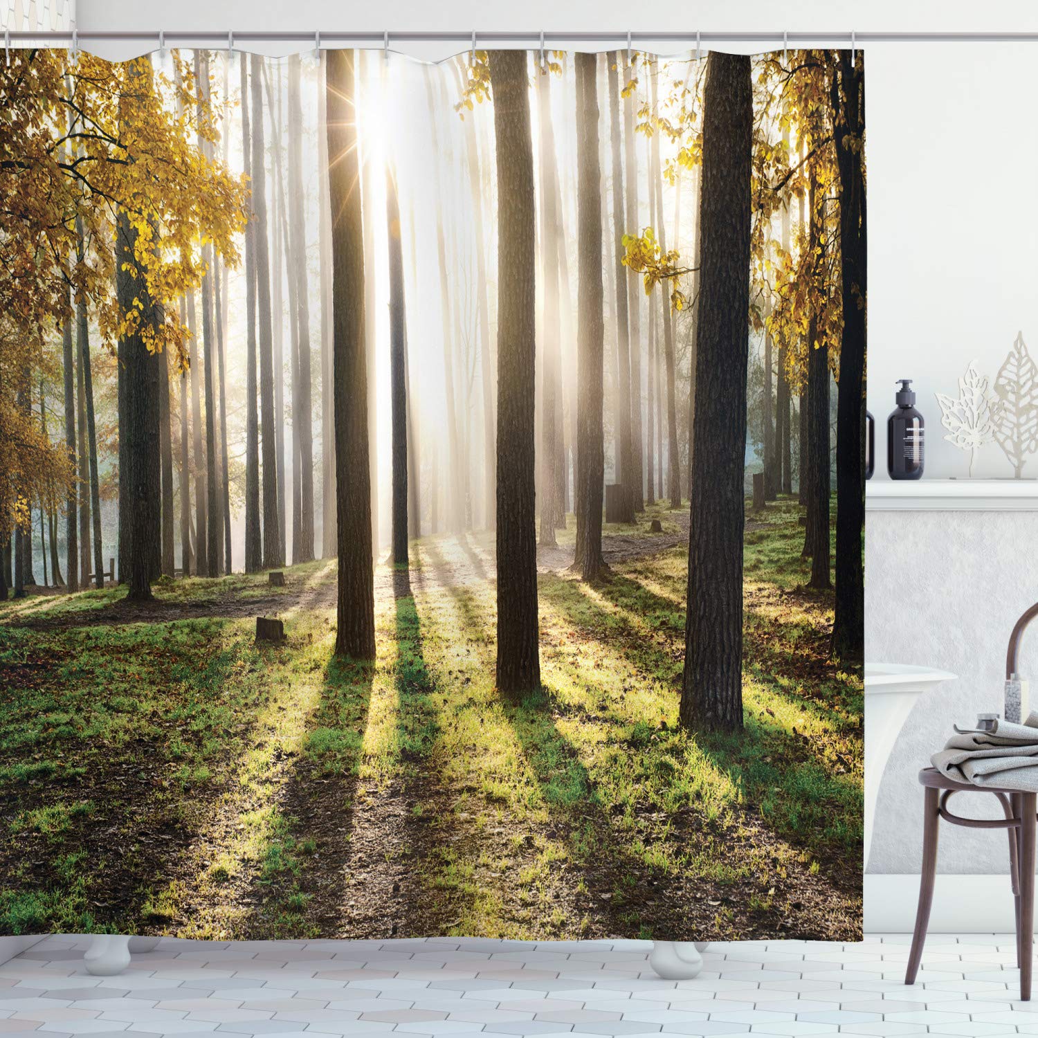 ABAKUHAUS Forest Shower Curtain, Landscape Sunrise in the Forest Leaves in Seasonal Woodland Scenery Photo