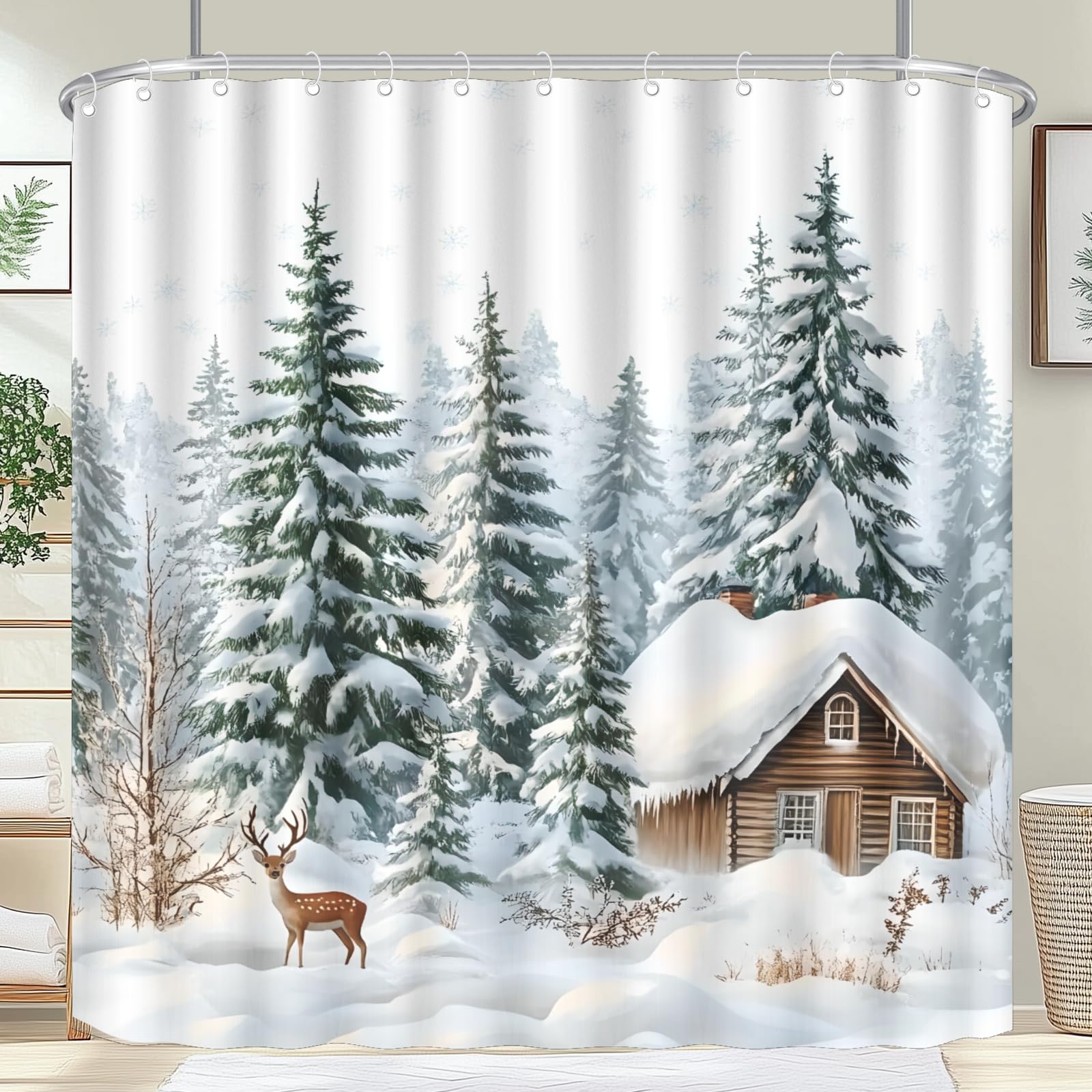 farg 72x72 Inch Winter Deer Shower Curtain Snowy Scenery Shower Curtains Winter Theme Bath Curtain Sets Animal Farmhouse Nature Fabric Curtains for Bedroom Livingroom Bathroom Decor with Hooks