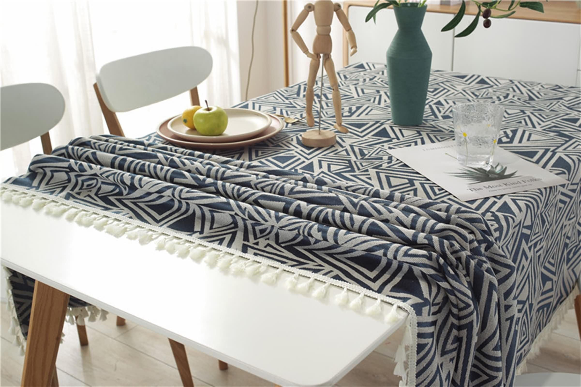 Mantel Rectangular Azul Marino Terraza, Patrón de Triángulo con Borlas, de Poliéster Fácil de Limpiar, 120 x 160 cm, Mantel para Mesa de Centro